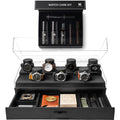 7 Slot Watch Box & Cleaning Kit Bundle – Large Wooden Watch Organizer Case + Full Watch Care Set (Crystal & Leather Care Restorer, Metal Cleaning Solution, Brushes, & Microfiber Cloth) | Gift for Men