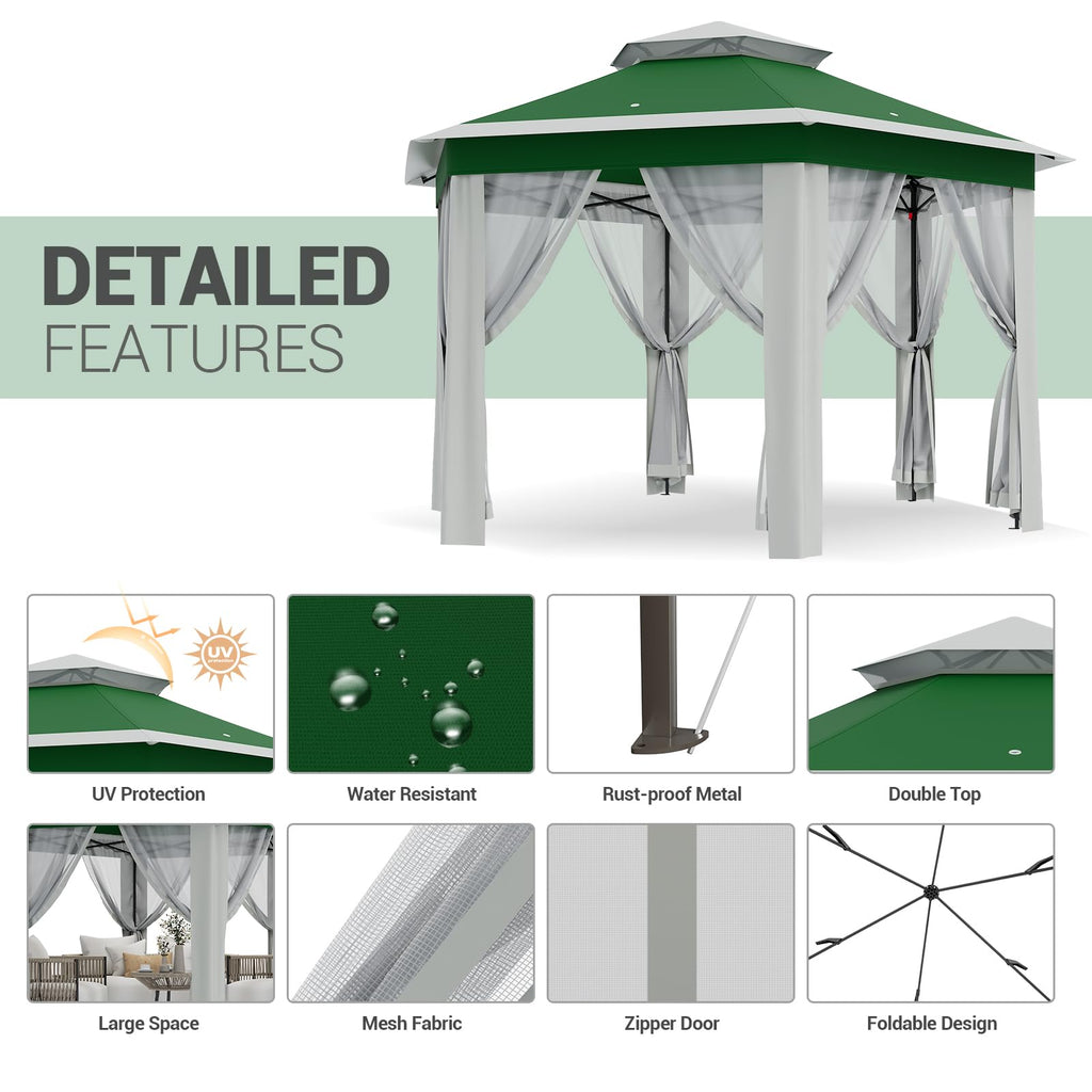 Patikuin Hexagonal Pop-Up Gazebo Tent 13x13 FT – Double Vent Roof, Mosquito Netting, UV & Water Resistant, Adjustable Height, Portable Canopy with Carry Bag for Patio, Backyard, Lawn Parties – Green