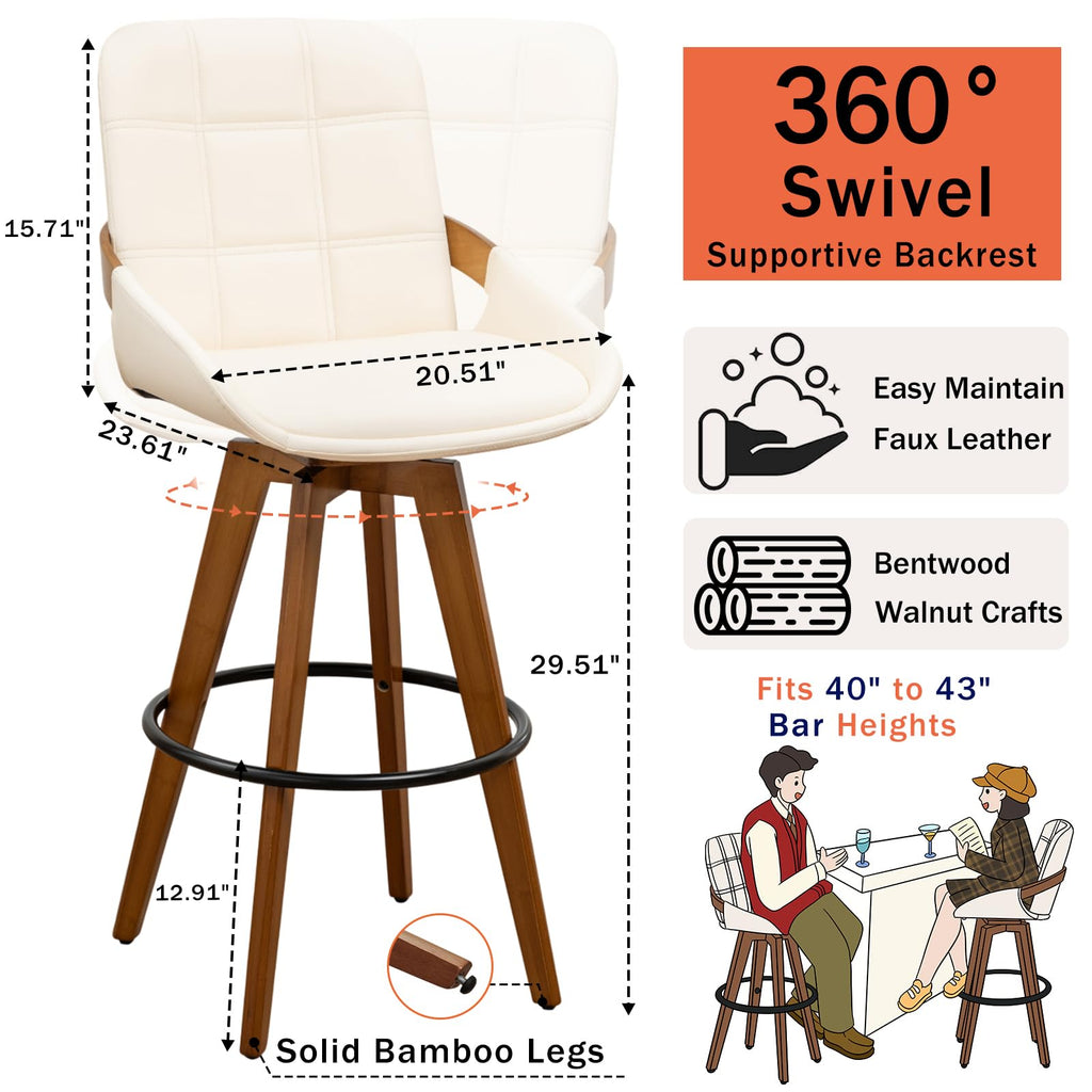 Mid Century Modern Swivel Bar Stools Set of 2, 29” Bar Height, Upholstered Faux Leather Seat with Curved Bentwood Back & Arms, Solid Bamboo Legs with Walnut Finish, Kitchen Island Bar Chairs, Beige
