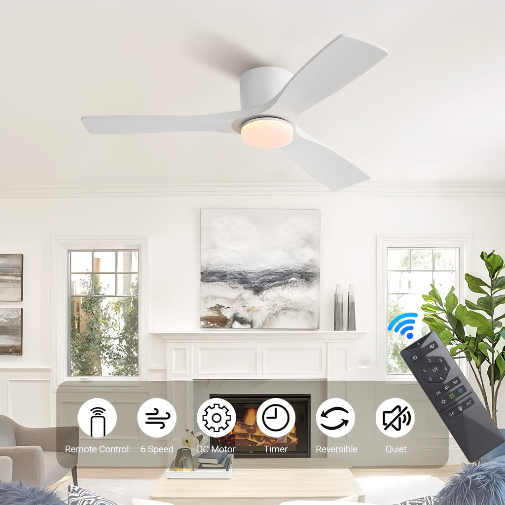 LEDLUX 48" Ceiling Fan with Light - Low Profile Flush Mount Ceiling Fan, Dimmable Light, 6-Speed DC Motor Remote Control, 3 Solid Wood, White, for Bedroom, Living Room, Porch