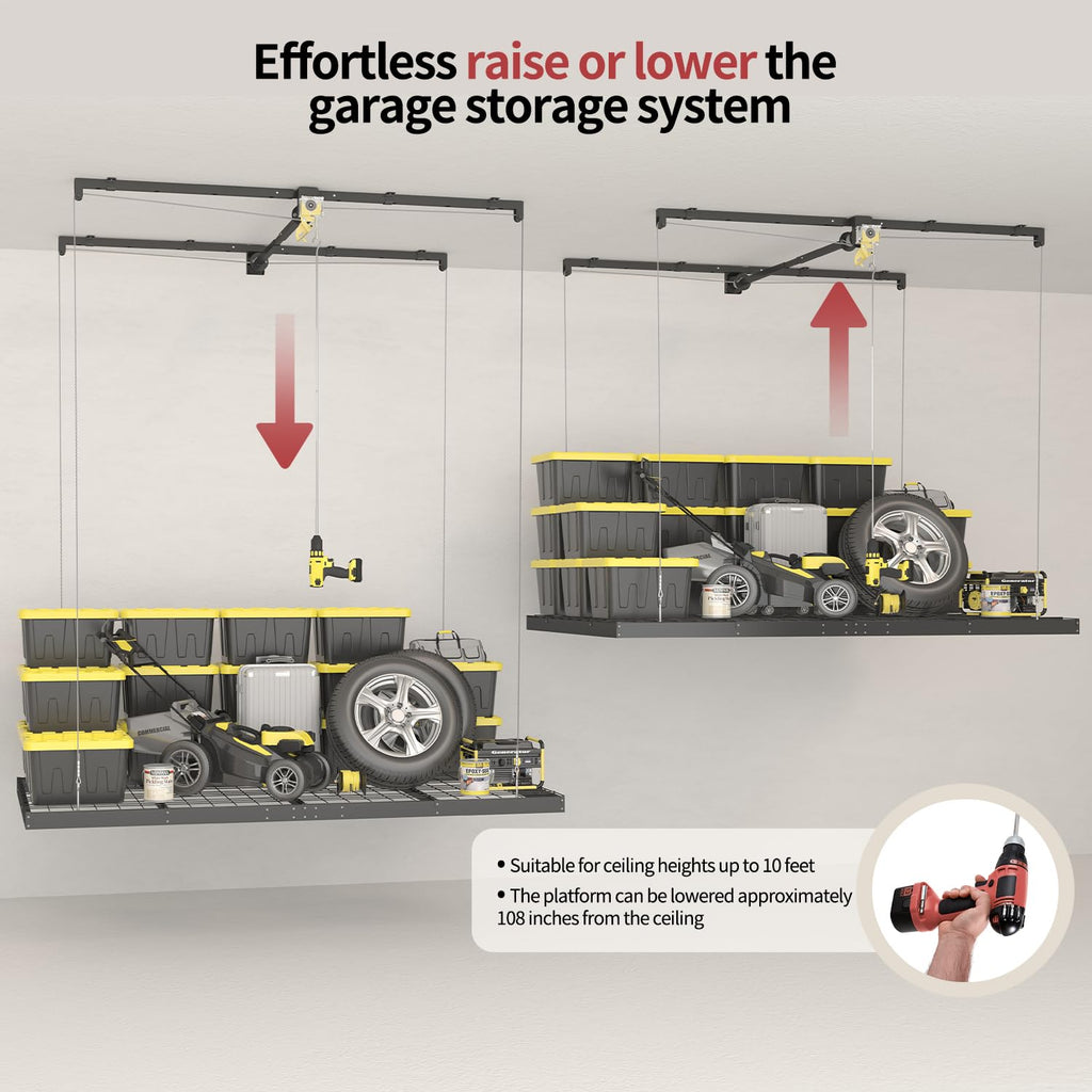 Garage Ceiling Storage Racks – 4x8 FT Overhead Garage Storage Rack with Safety Lock, Heavy-Duty Ceiling Mounted Lift System and Storage Organizer, Ideal for Maximizing Overhead Space, 325 lbs Capacity