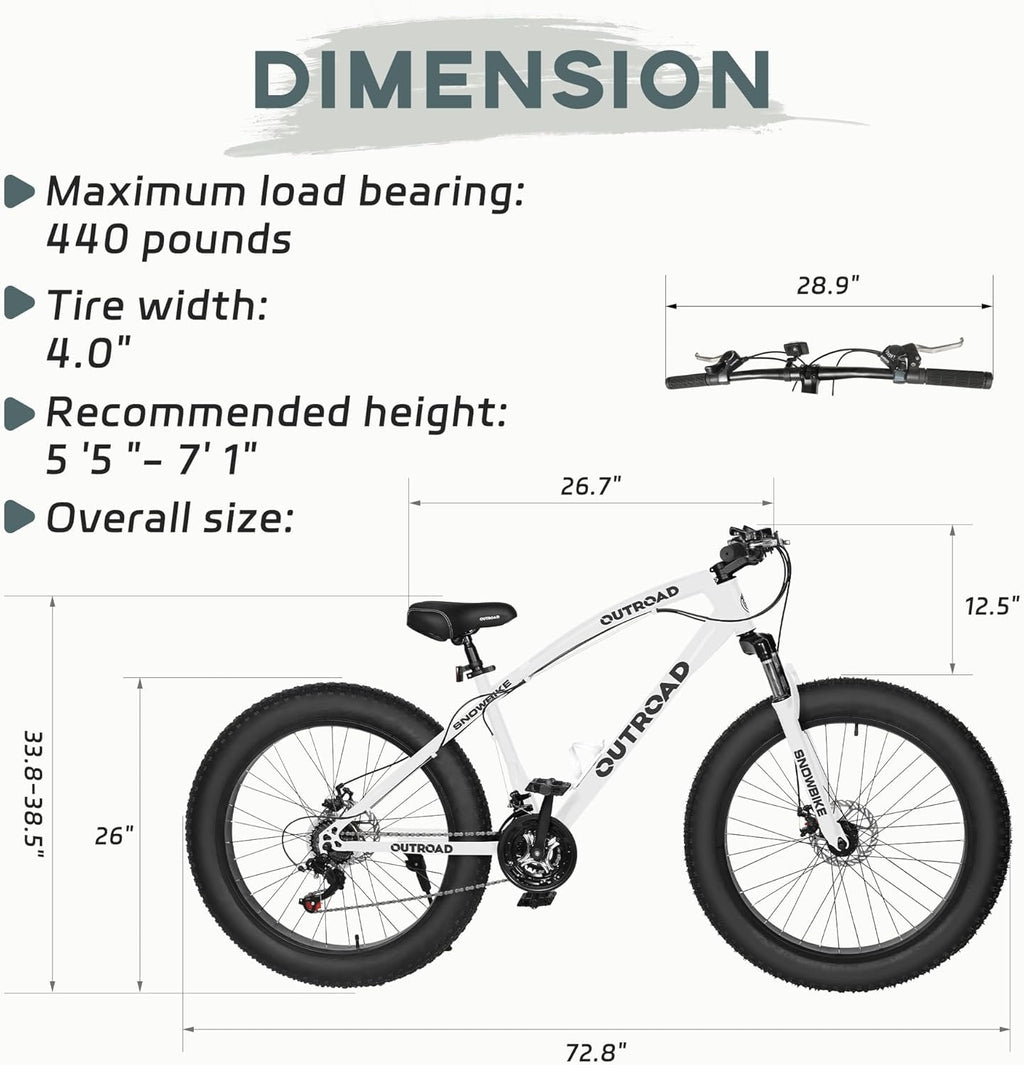 Outroad Mountain Bike Fat Tire with 4-Inch Tire 26 inch Wheels, 21 Speed with High Carbon Steel Frame, Double Disc Brake and Front Suspension Anti-Slip Bikes for Men and Women, White