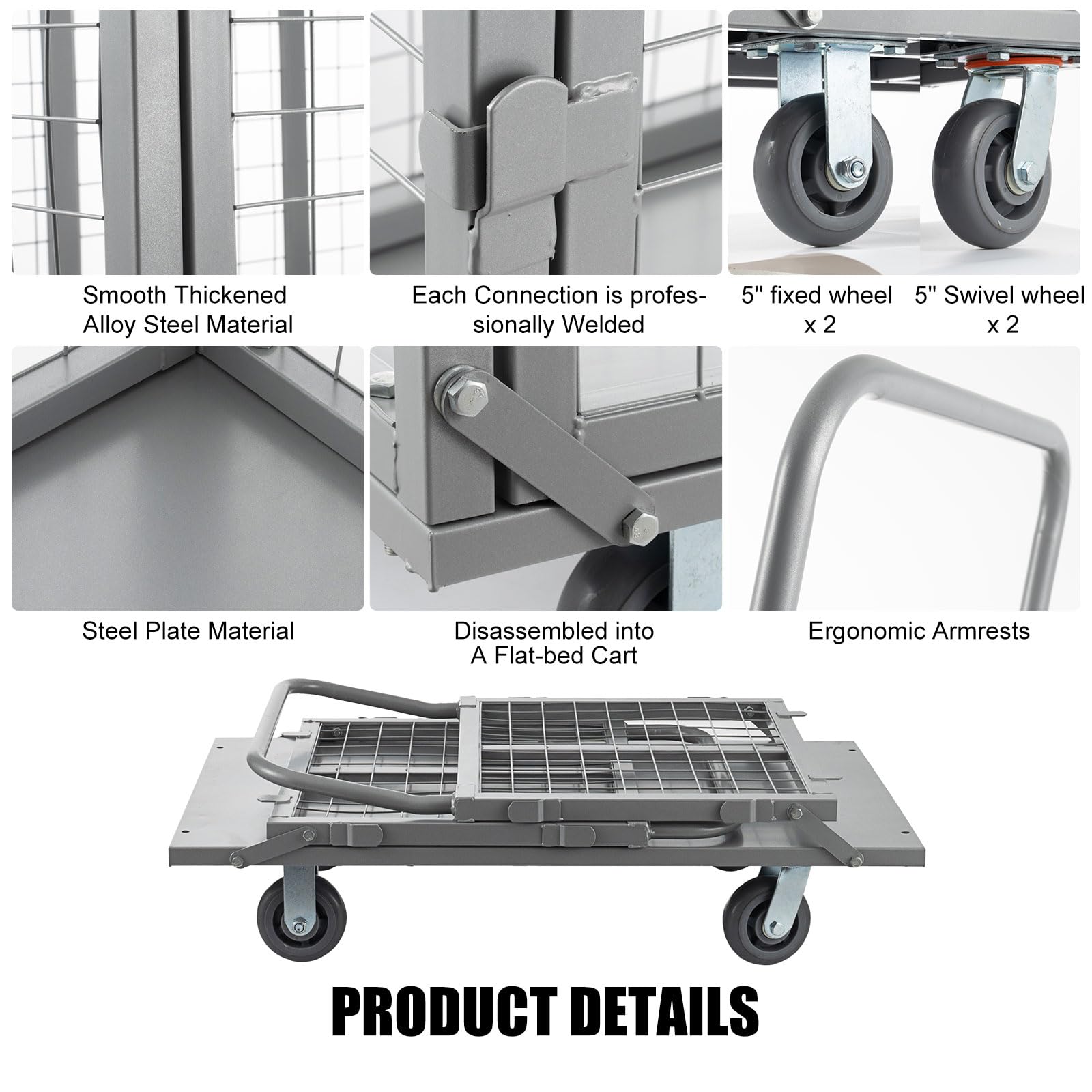 SmarketBuy Platform Truck Cart with Cage, 5 in 1 Heavy Duty Platform Carts with Cage 2000 LBS Capacity Foldable Push Cart Dolly with 5" Casters for Groceries/Garage/Warehouse