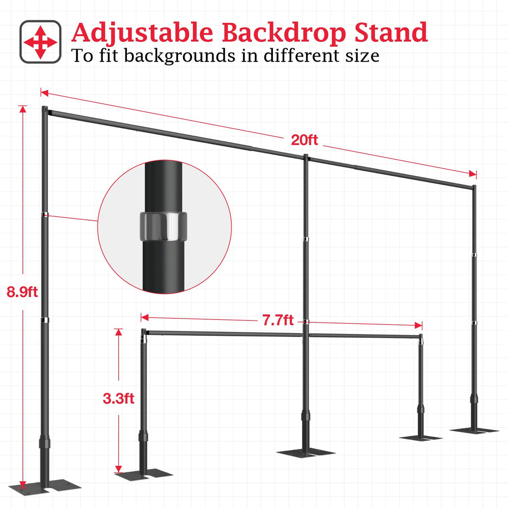 EMART Backdrop Stand Heavy Duty 8.9ftx20ft, Adjustable Pipe and Drape Photo Background Support Kit, Metal Frame with Flat Base for Wedding Birthday Party Banquet Decorations-Black