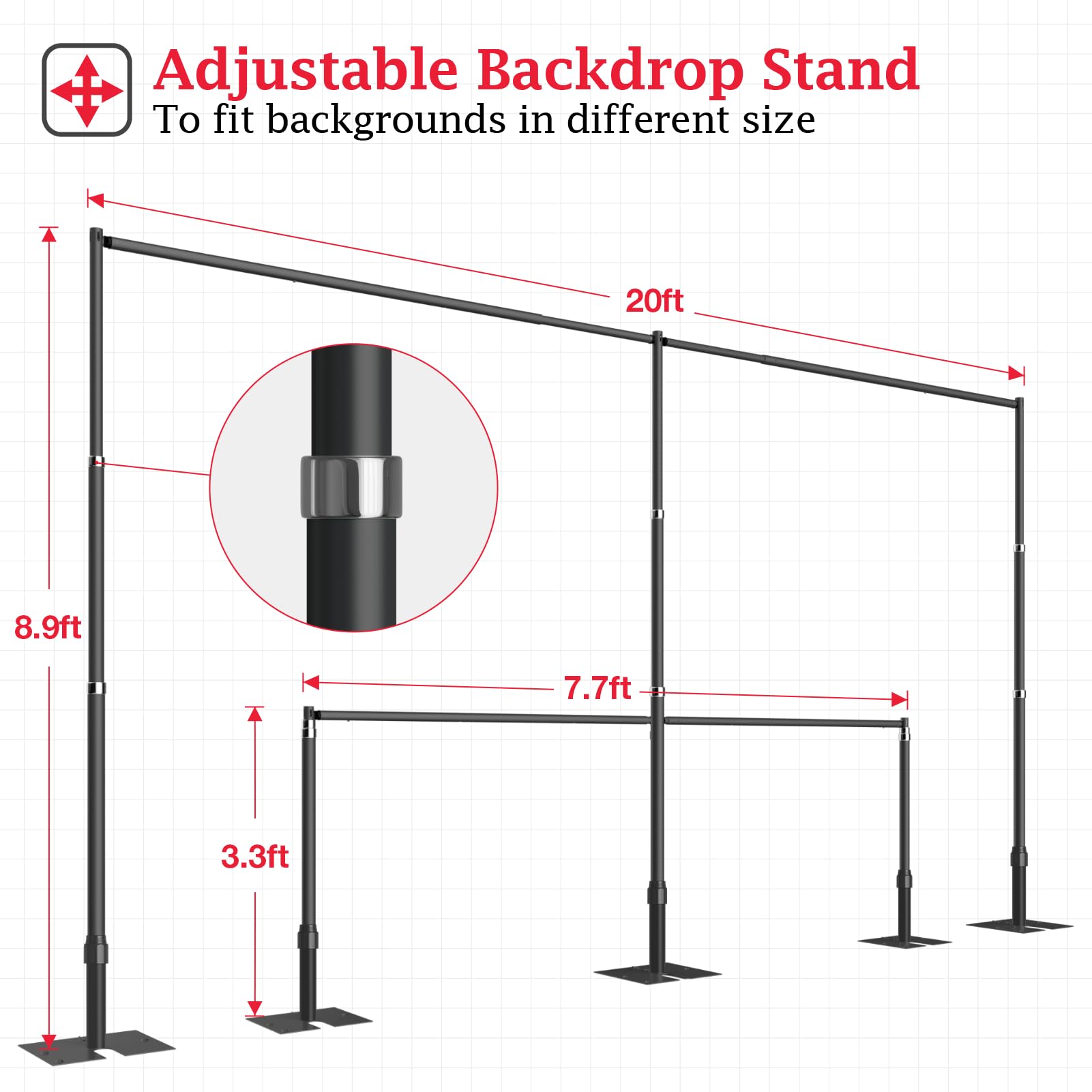EMART Backdrop Stand Heavy Duty 8.9ftx20ft, Adjustable Pipe and Drape Photo Background Support Kit, Metal Frame with Flat Base for Wedding Birthday Party Banquet Decorations-Black