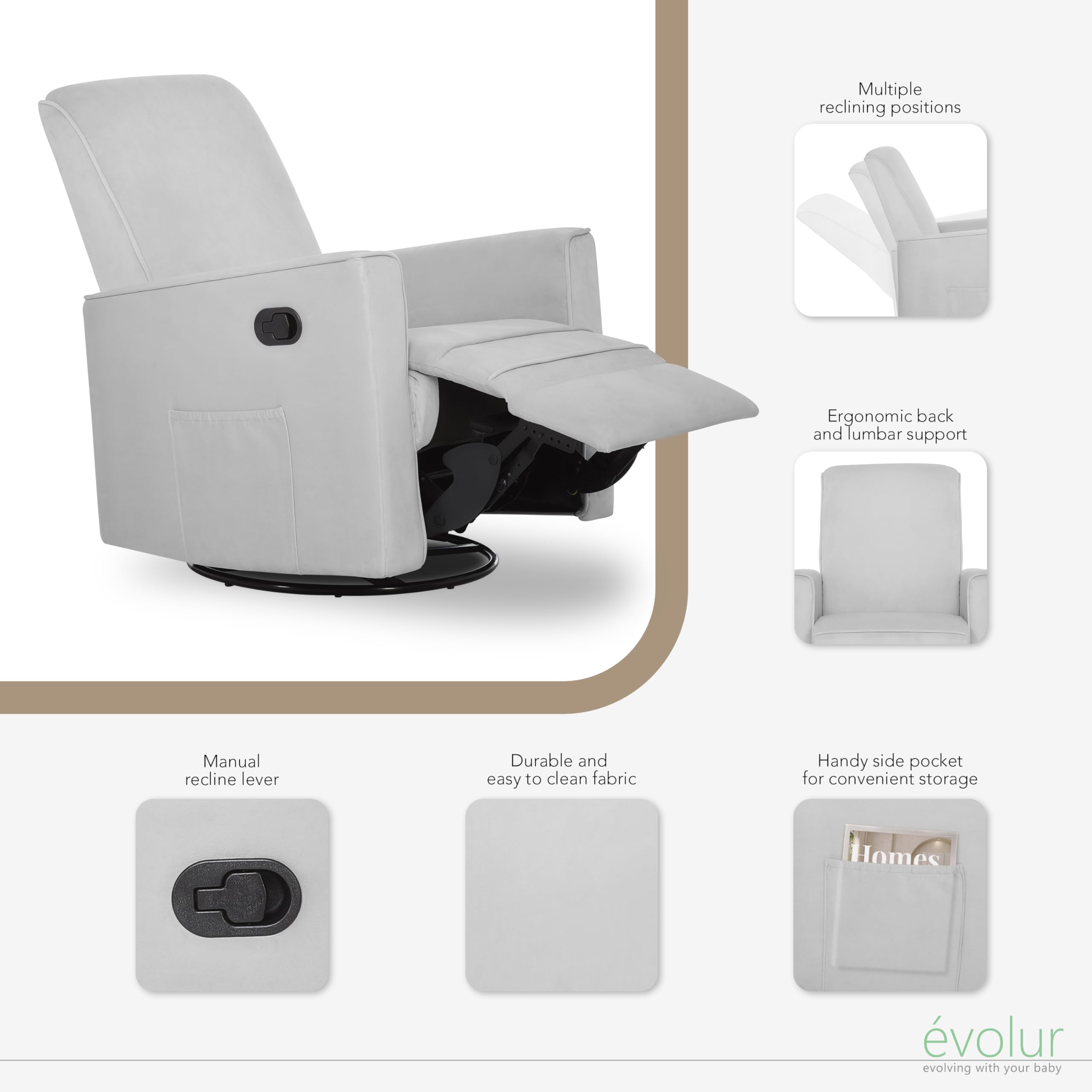 Evolur Raleigh Upholstered Manual Glider Recliner– Rocking & 360° Swivel with Smooth Glide – Greenguard Gold & FSC Certified – Modern Nursery and Living Room Chair in Grey