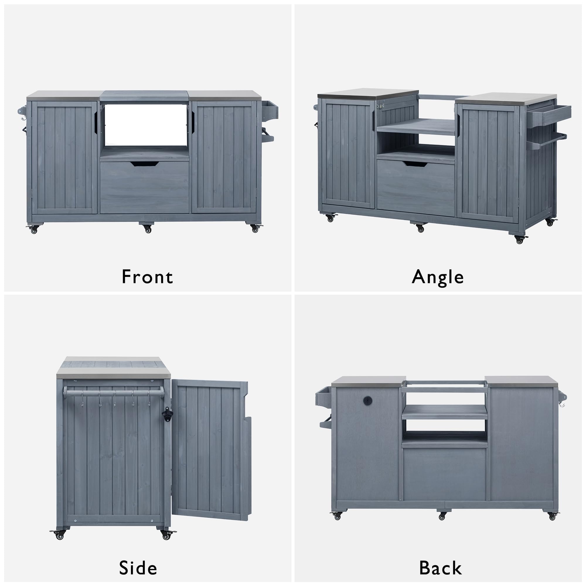 Merax Outdoor Grill Table for Big Green Egg Grills, 66.5" Patio Kitchen Island on Wheels with Stainless Steel Tabletop,Drawer and Spice Rack, Solid Wood Outdoor Storage Cabinet for Backyard, Grey Blue