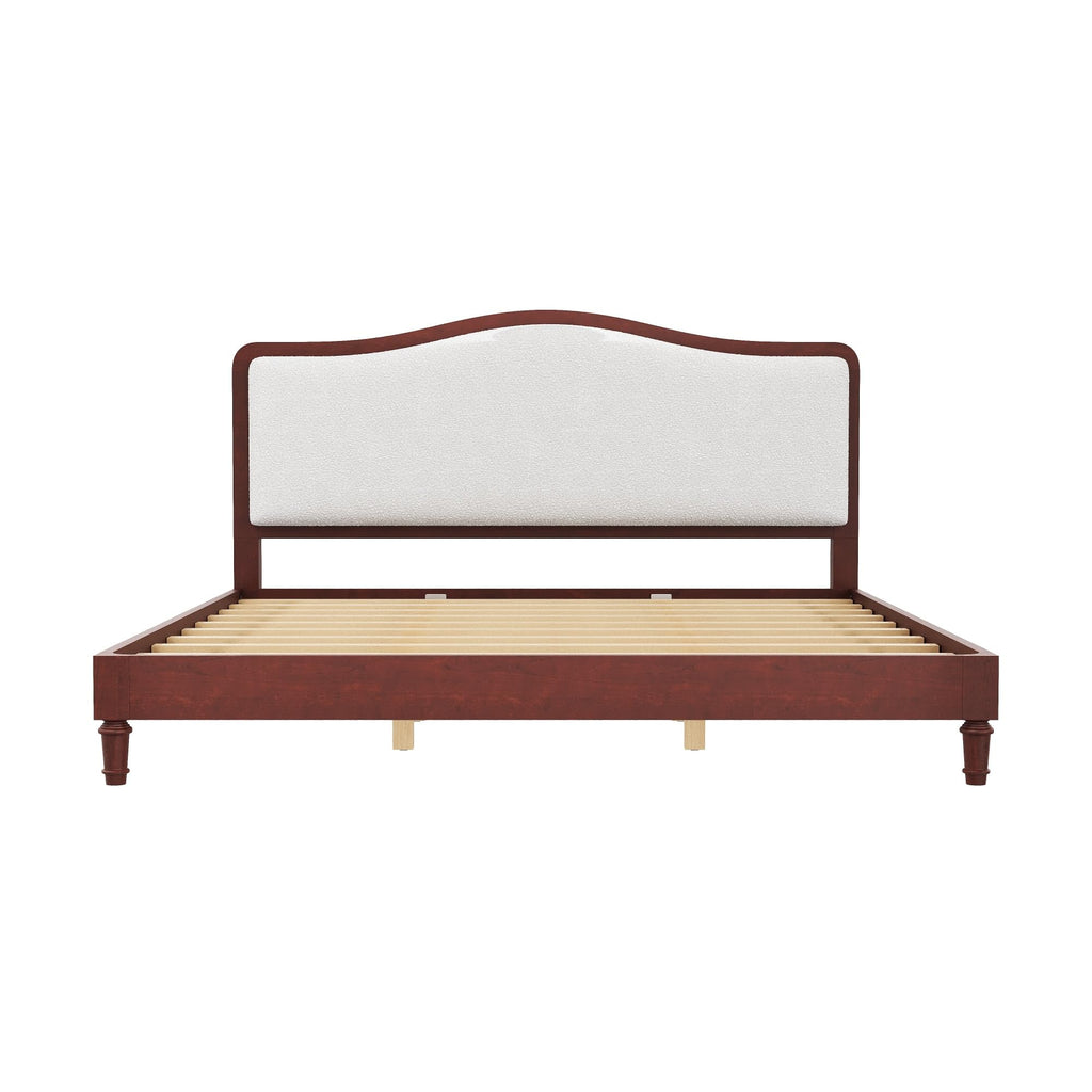 Merax King Size Upholstered Platform Bed Frame with Curved Headboard, Espresso Wood Frame & White Fabric, Noise-Free, Strong Slat Support, No Box Spring Needed, Easy Assembly