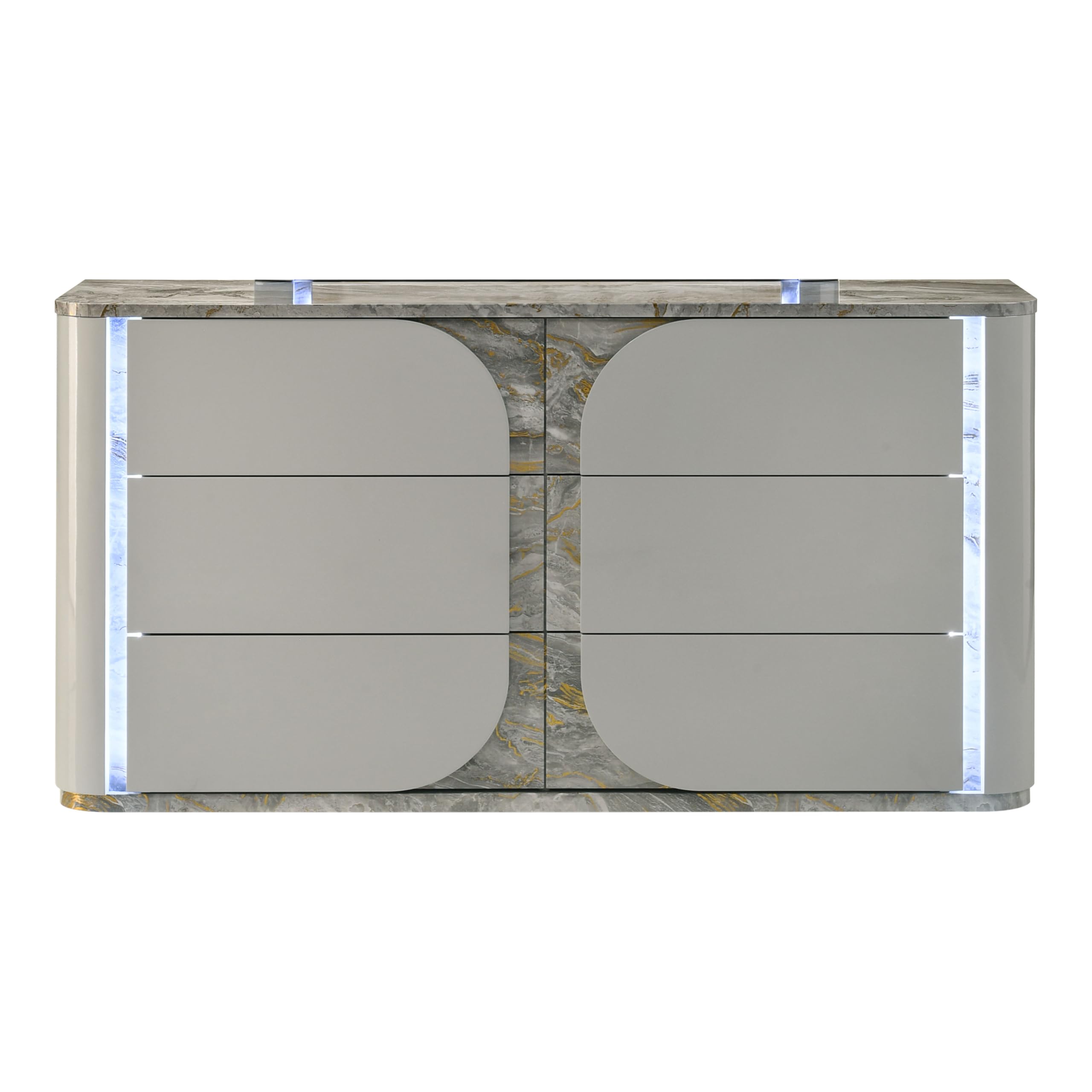 Furniture of America Bruna Modern Contemporary Wood 62.5-inch 6-Drawer Dresser with Plinth Base, Touch-Control LED, Replicated Marble Accents for Bedroom, Guest Room, Light Gray