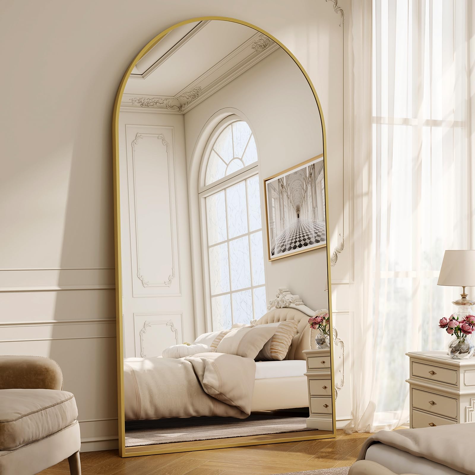 Riskioir 86" x 40" Large Arch Full Length Mirror - Floor Full Body Mirror with Aluminum Frame - Standing, Leaning or Hanging, for Bedroom, Living Room, Gold