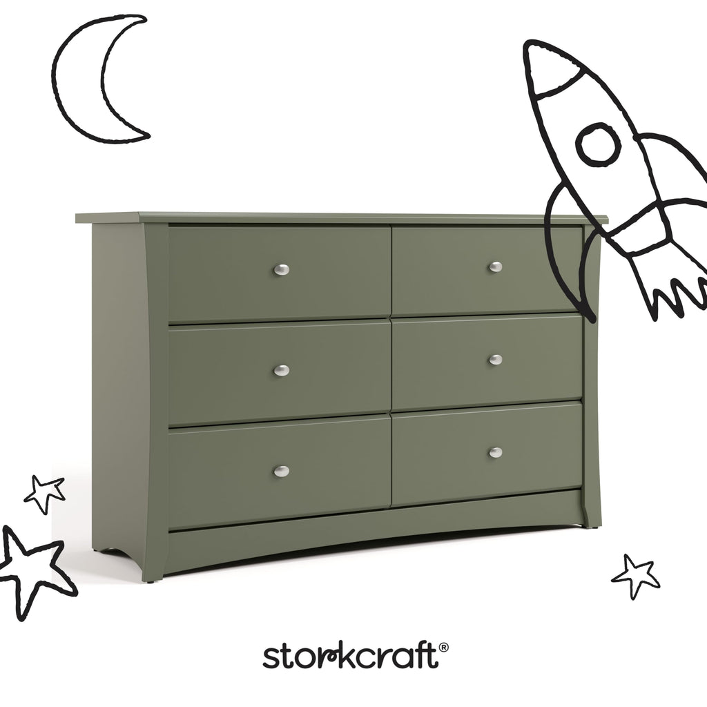 Storkcraft Crescent 6-Drawer Dresser (Olive) – GREENGUARD Gold Certified, Green Dresser for Bedroom, Kids & Nursery Storage Chest, Safety Interlocking Drawers, Pre-Installed Tracks, Kids Chest