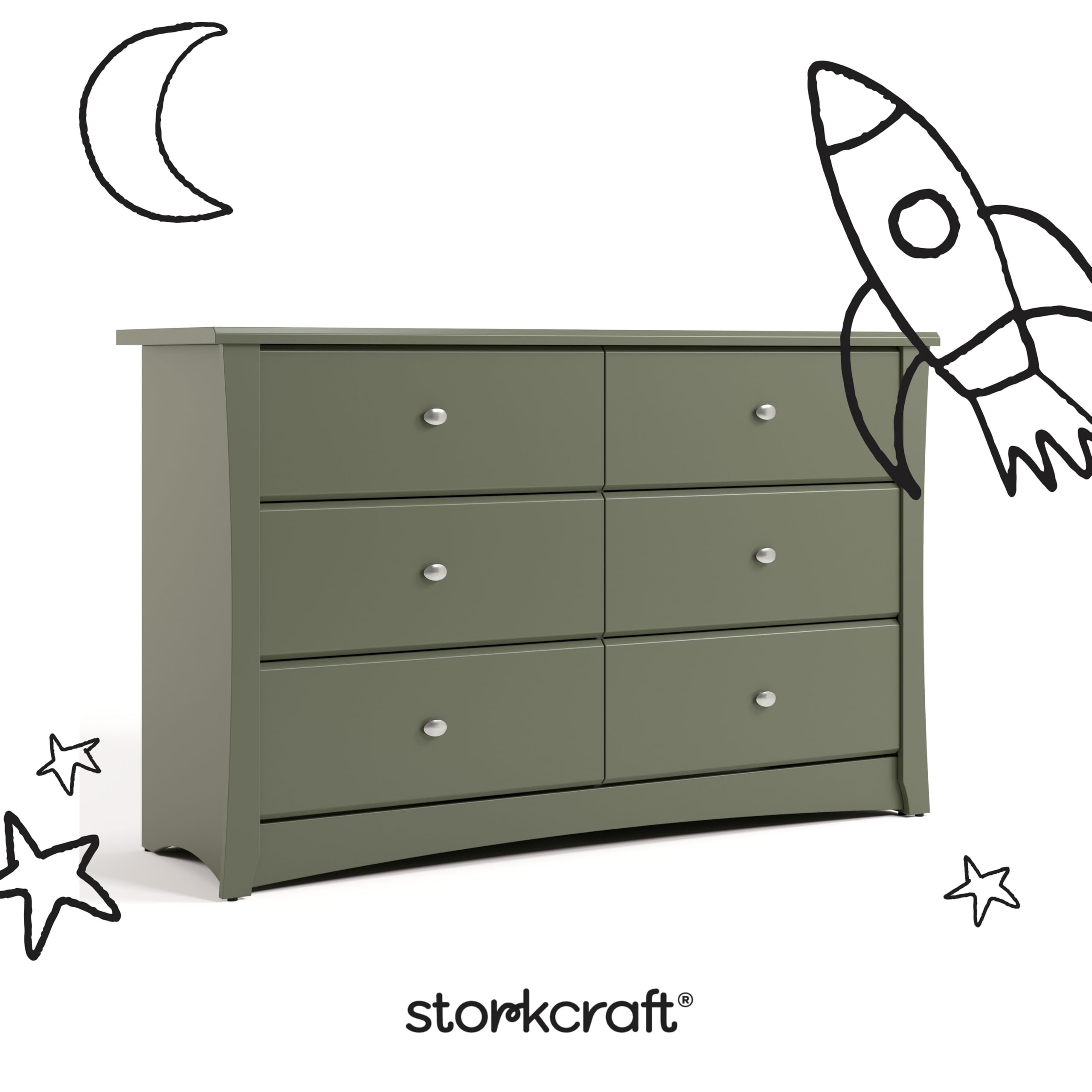 Storkcraft Crescent 6-Drawer Dresser (Olive) – GREENGUARD Gold Certified, Green Dresser for Bedroom, Kids & Nursery Storage Chest, Safety Interlocking Drawers, Pre-Installed Tracks, Kids Chest