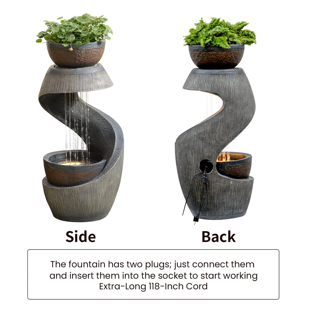 Takamota Outdoor Water Feature Patio Fountain with LED Lights, 31.9" Resin Garden Waterfall Fountain Outdoor, Modern S-Shaped Bowl Design Water Feature for Porch, Garden, Yard, Home Decor, Grey