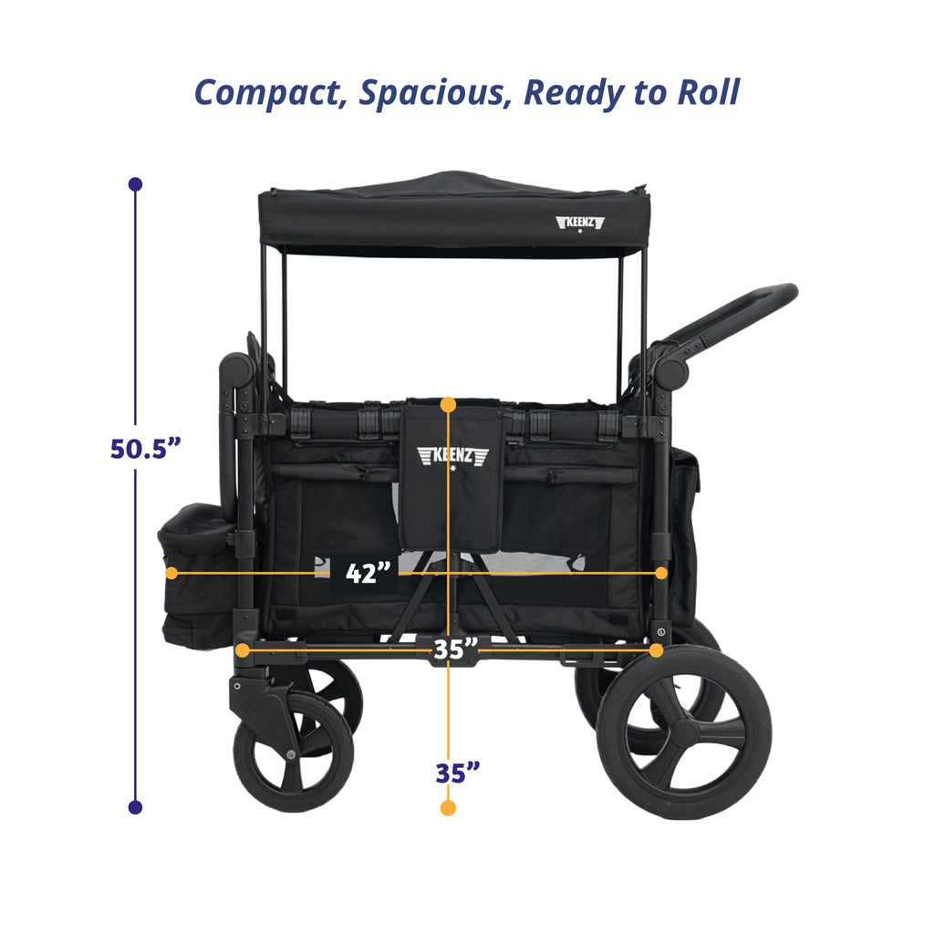 Keenz MOOV 4-Passenger All-Terrain Stroller Wagon with Reclining Seats, Built-in Cooler, Push/Pull Handle, Rubber Wheels, and Activity Tray – Foldable Wagon for Four Kids, Black