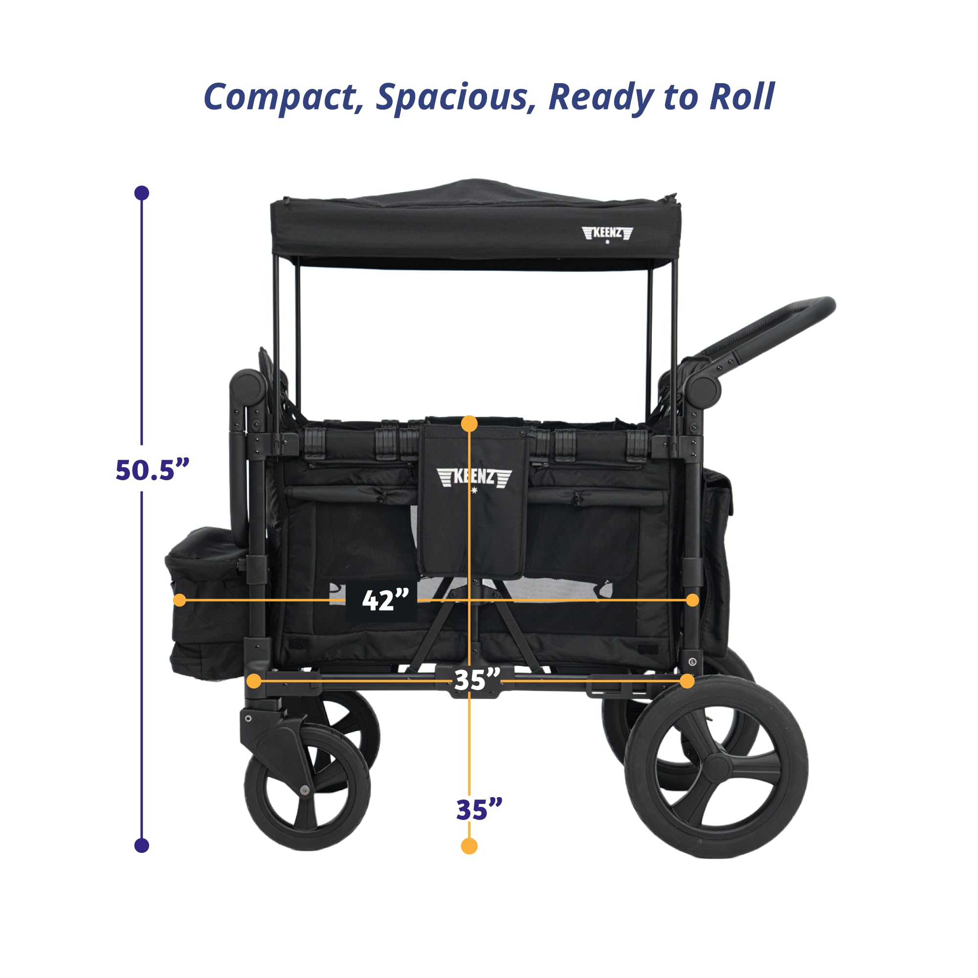 Keenz MOOV 4-Passenger All-Terrain Stroller Wagon with Reclining Seats, Built-in Cooler, Push/Pull Handle, Rubber Wheels, and Activity Tray – Foldable Wagon for Four Kids, Black
