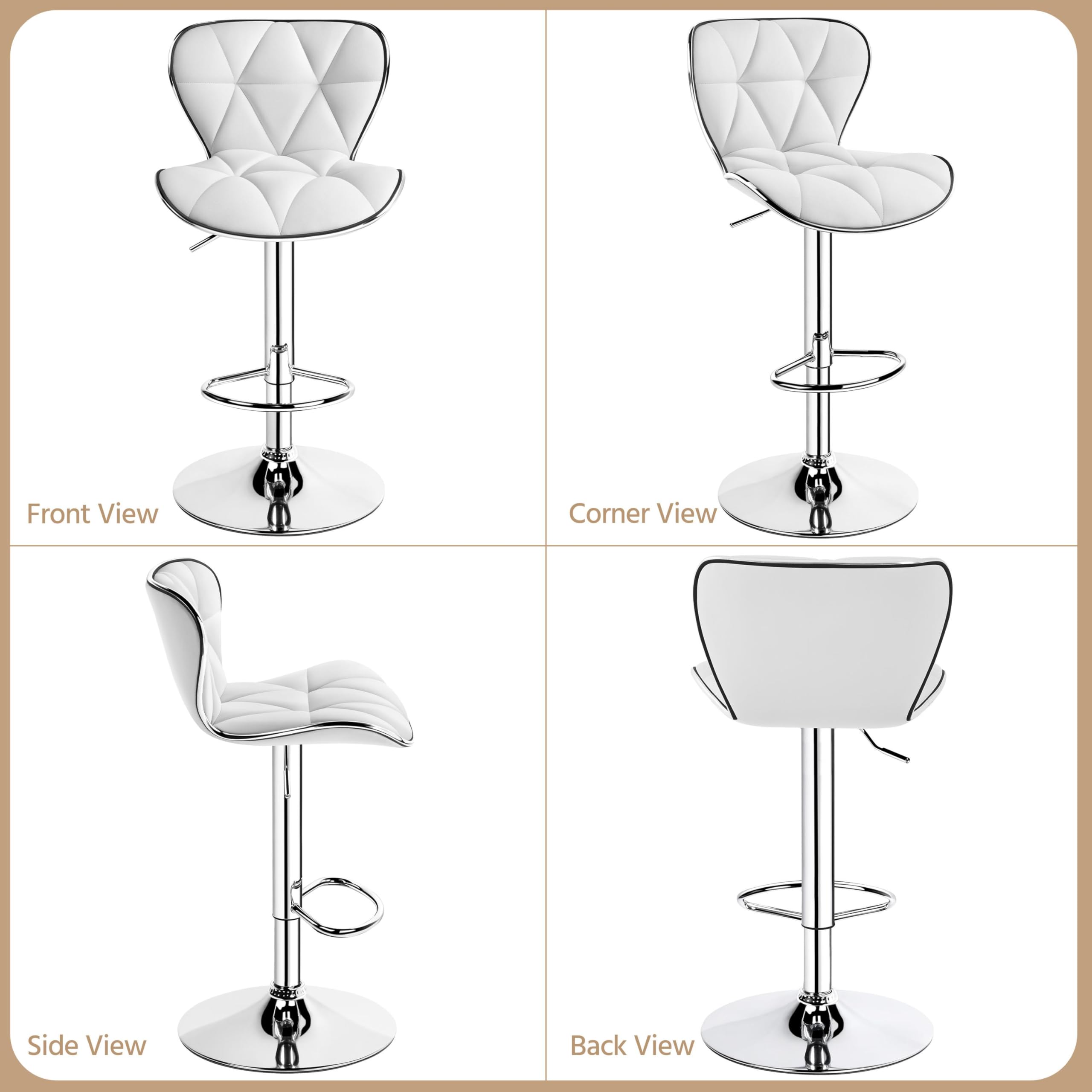 Yaheetech Bar Stools Leather Set of 4, Adjustable Shell Back Barstools with Footrest, Counter Height Bar Chairs with Back for Kitchen Island, White