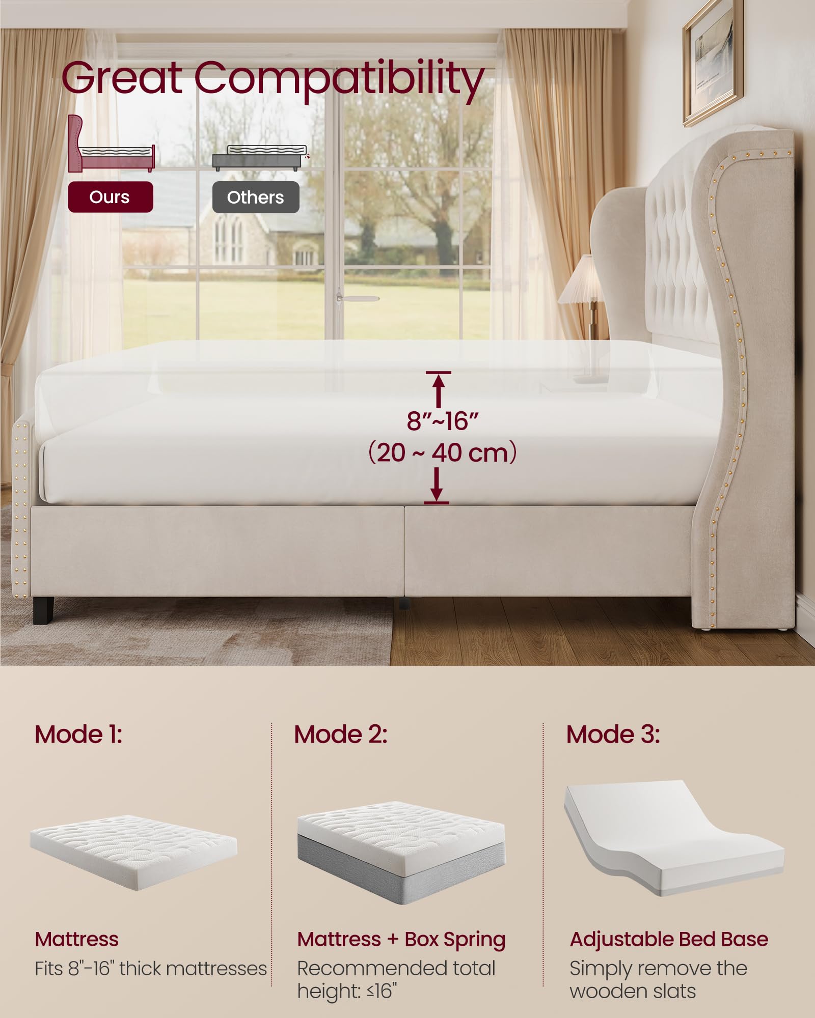 VASAGLE King Bed Frame with Tall Headboard, Upholstered Platform Bed Frame King Size, with Wingback Tufted Headboard and Footboard, Wooden Slats, No Box Spring Needed, Cappuccino Beige URMB884W01