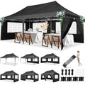HOTEEL 10x20 Pop Up Canopy with 6 Sidewalls, Easy Setup Party Tent with Wheeled Bag, 4 Weight Bags, Silver Coated Event Shelter for Backyard, Vendor Booths, Black