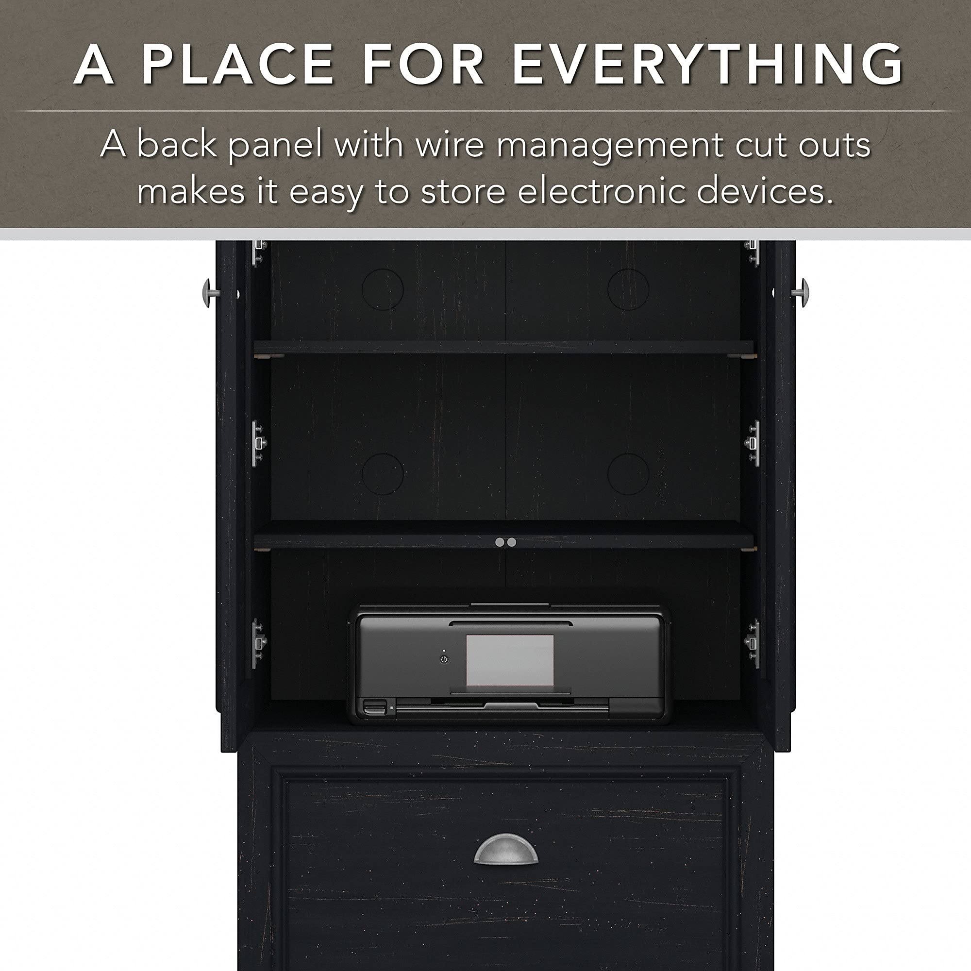 Bush Home Fairview 2 Door Storage Cabinet with File Drawer in Antique Black and Hansen Cherry