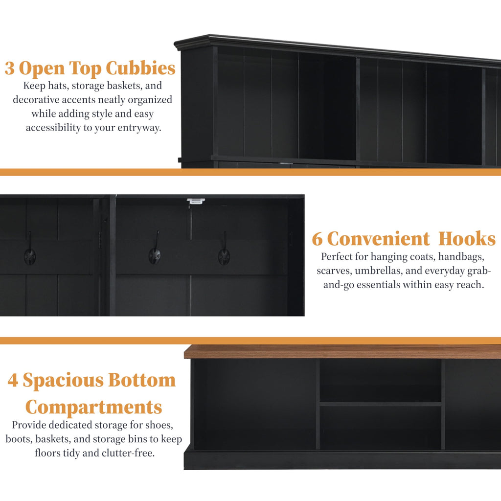 SYMCAVE Hall Tree with Bench and Shoe Storage,Shoe and Coat Rack with Drawer and Hooks,Farmhouse Furniture for Entryway,Mudroom,Living Room,Black (Black, 62.2" W)