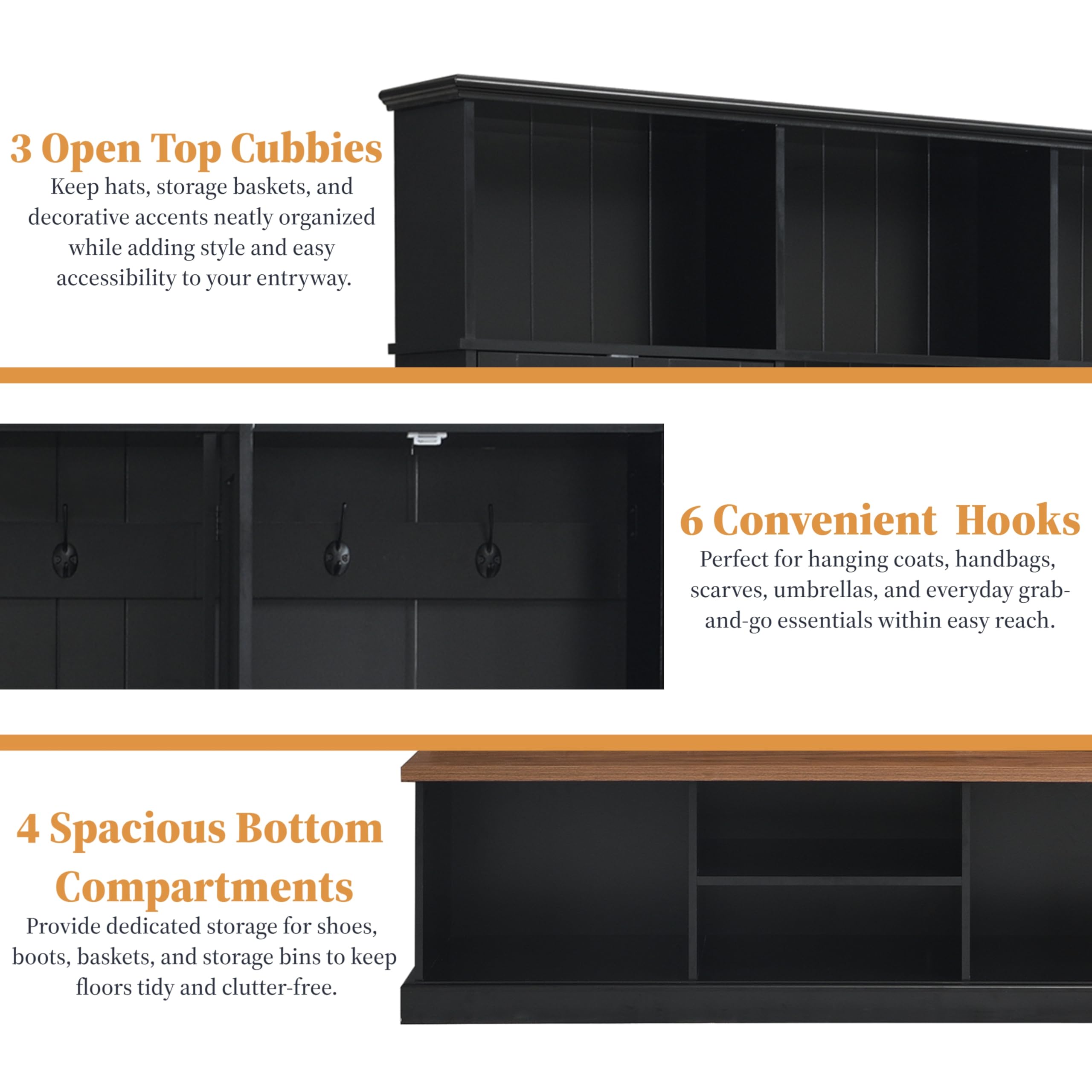 SYMCAVE Hall Tree with Bench and Shoe Storage,Shoe and Coat Rack with Drawer and Hooks,Farmhouse Furniture for Entryway,Mudroom,Living Room,Black (Black, 62.2" W)