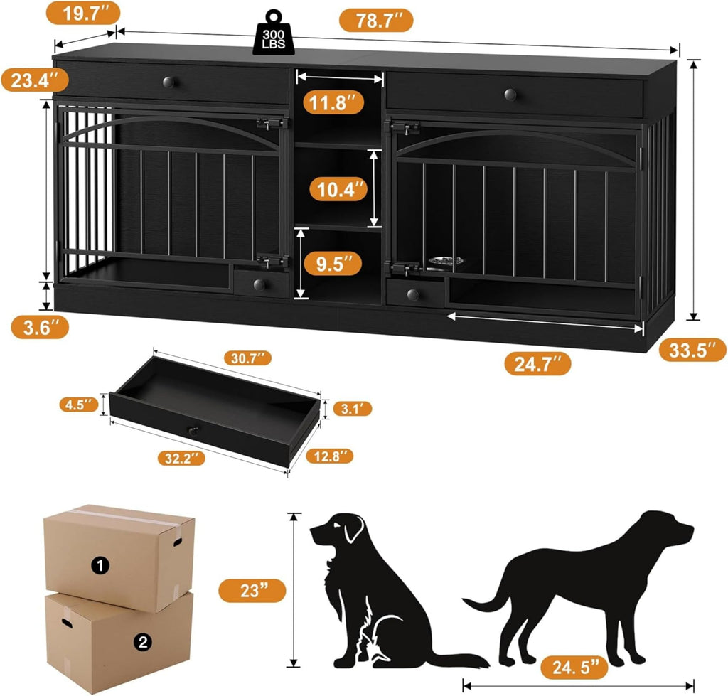 GAOMON Dog Crate Furniture for 2 Dogs, 78.7'' Large Dog Kennel Indoor with 2 Storage Drawers, 3 Shelves and Feeding Bowls, Double Dog Crate TV Stand for Small and Medium Dogs, Black