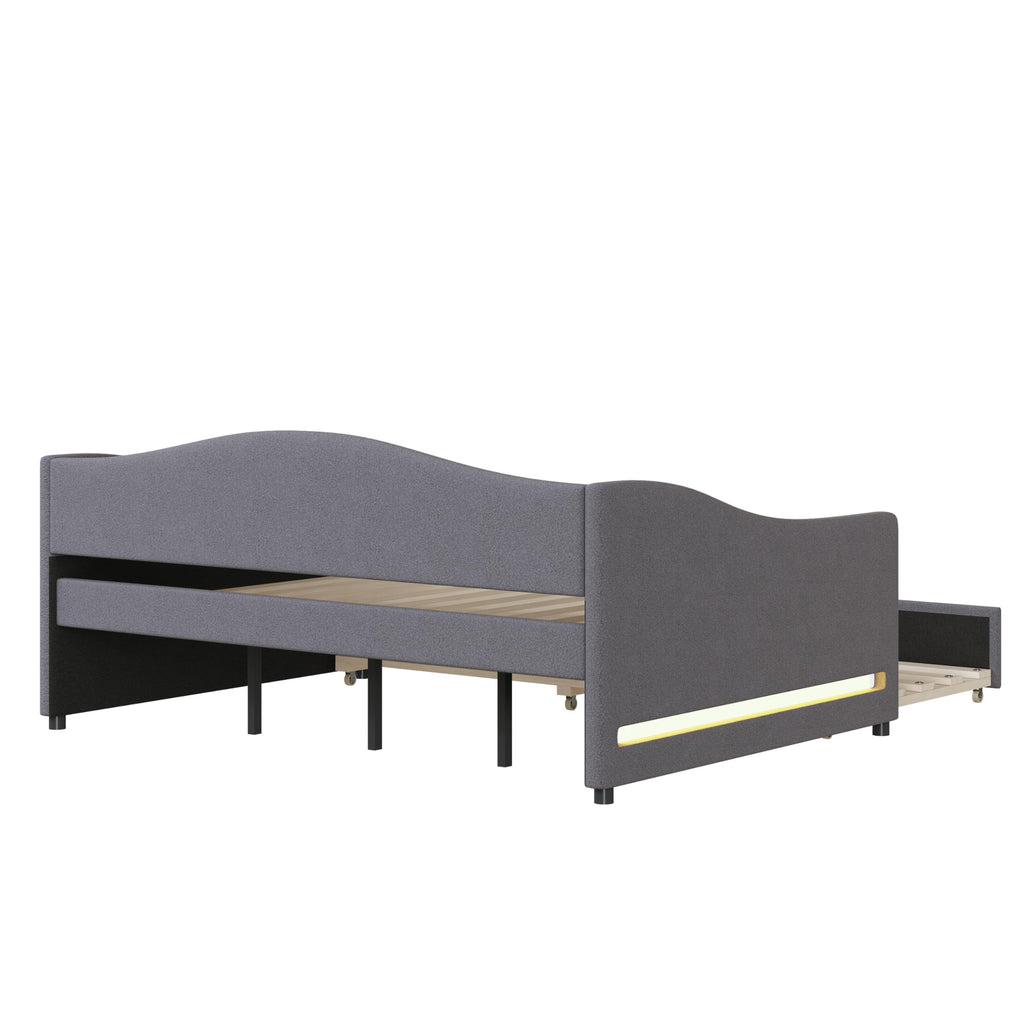 Merax Full Size Upholstered Daybed with Light and Trundle, Gray Teddy Fleece Sofa Bed Modern Wooden Platform Bed Frame for Bedroom, Living Room, Guest Room, Apartment