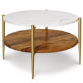 SIMPLIHOME Wagner Coffee Table - 30 inch Wide Solid Acacia Wood and Genuine Marble Round Living Room Table in White and Natural, Mid-Century Modern Table for Family Room with Gold Metal Base and Legs