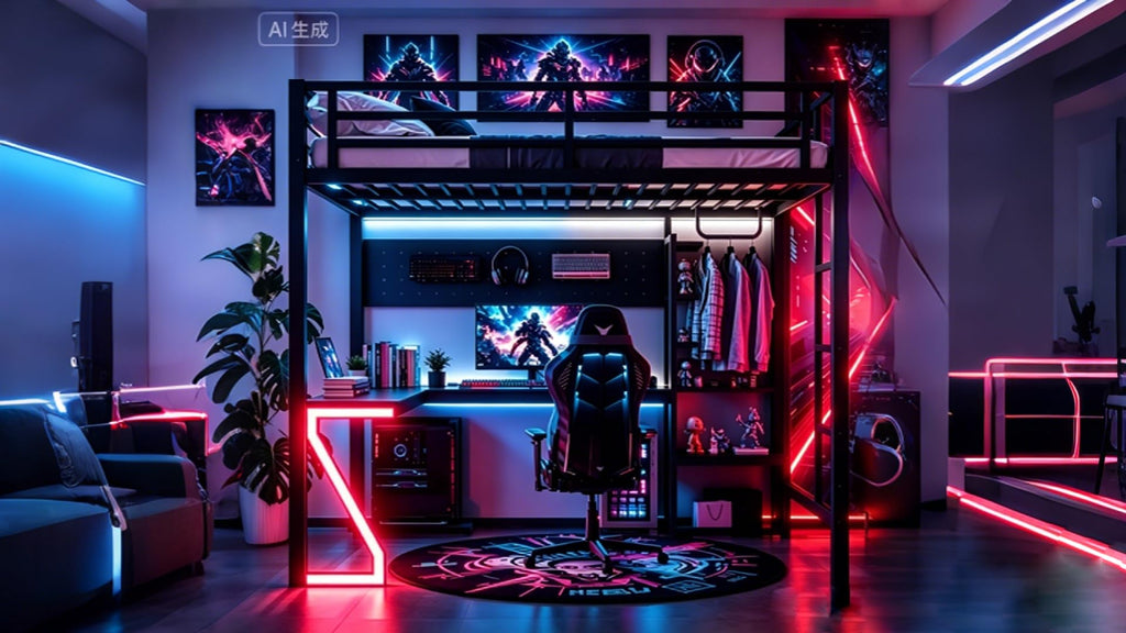 Bellemave Queen Size Gaming Loft Bed with L-Shaped Desk, Computer Tray, Peg Board & USB Ports, Metal Queen Loft Bed Frame with RGB Lights & Storage Shelves for Teens, Black