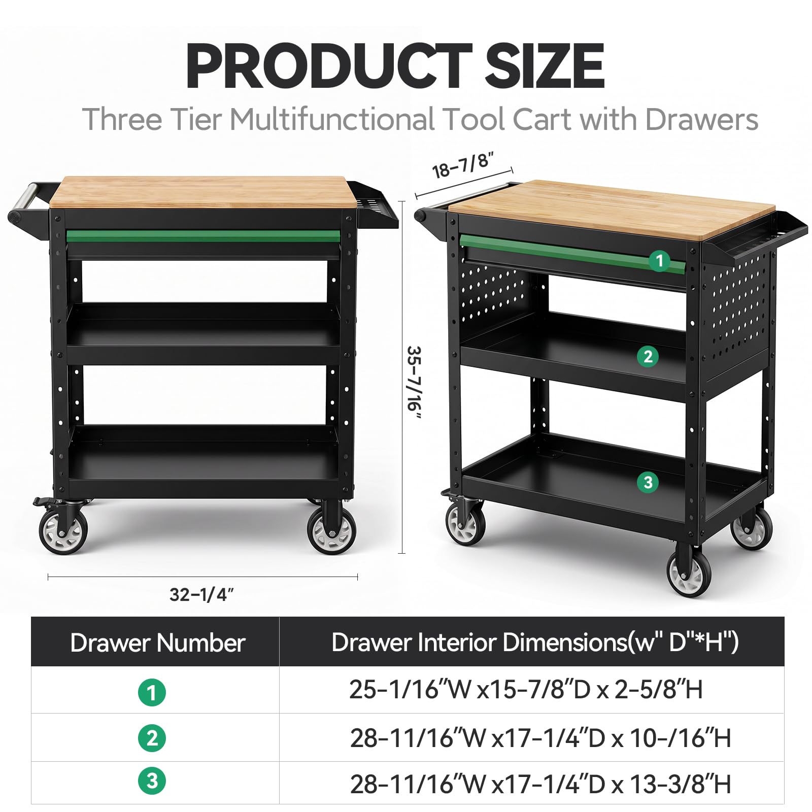 StrideoooTrek Rolling Utility Cart with Wooden Top, 3-Tier Mobile Workshop Table, Heavy-Duty Wheels,330LB Load Capacity Organizer Cabinet for Garage, Warehouse, Repair Shop