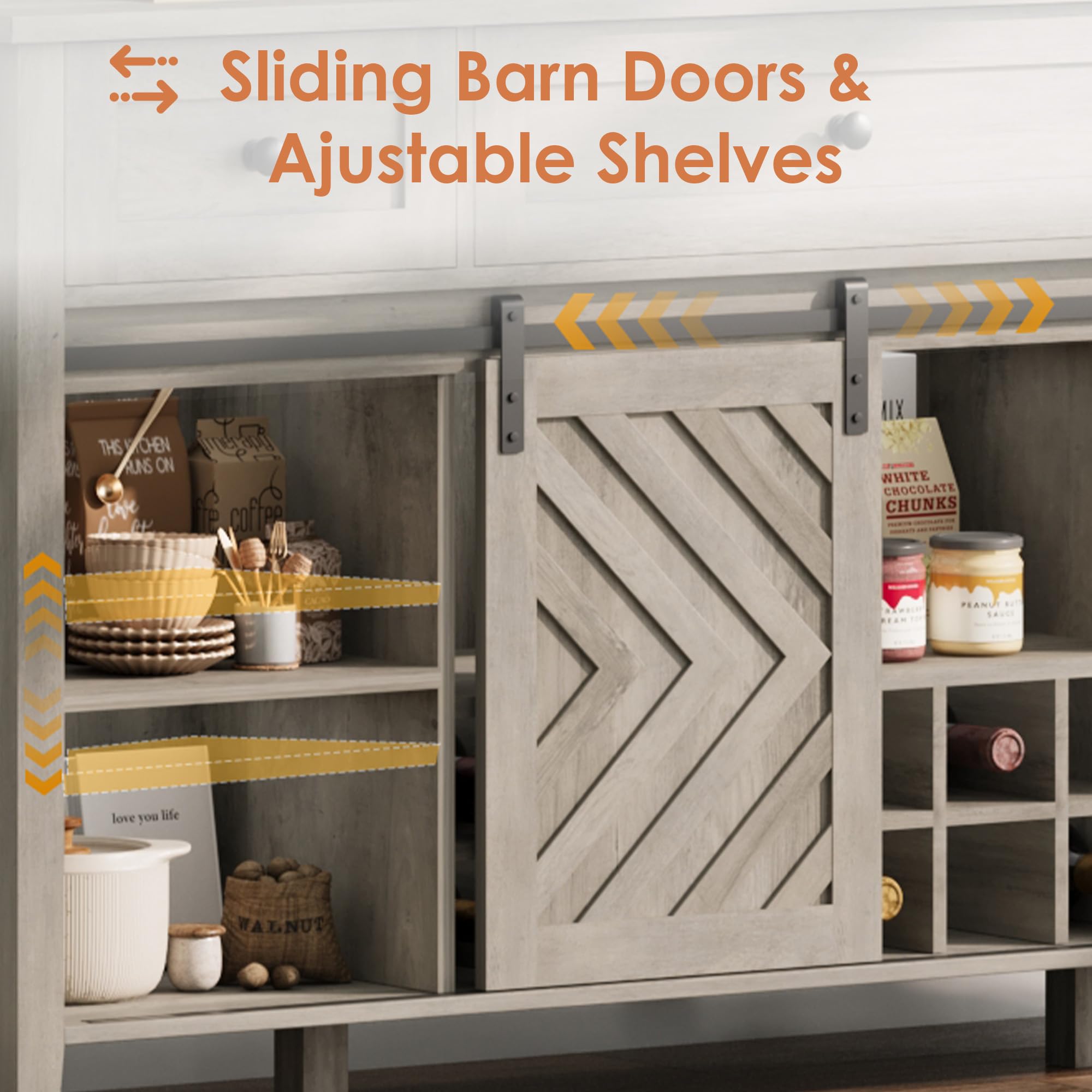IDEALHOUSE 59'' Farmhouse Buffet Cabinet with Sliding Barn Door, 33.4'' Tall Wood Rustic Sideboard with 3 Drawer, Adjustable Shelf and Removable Wine Rack for Dining Room, Kitchen, Vintage