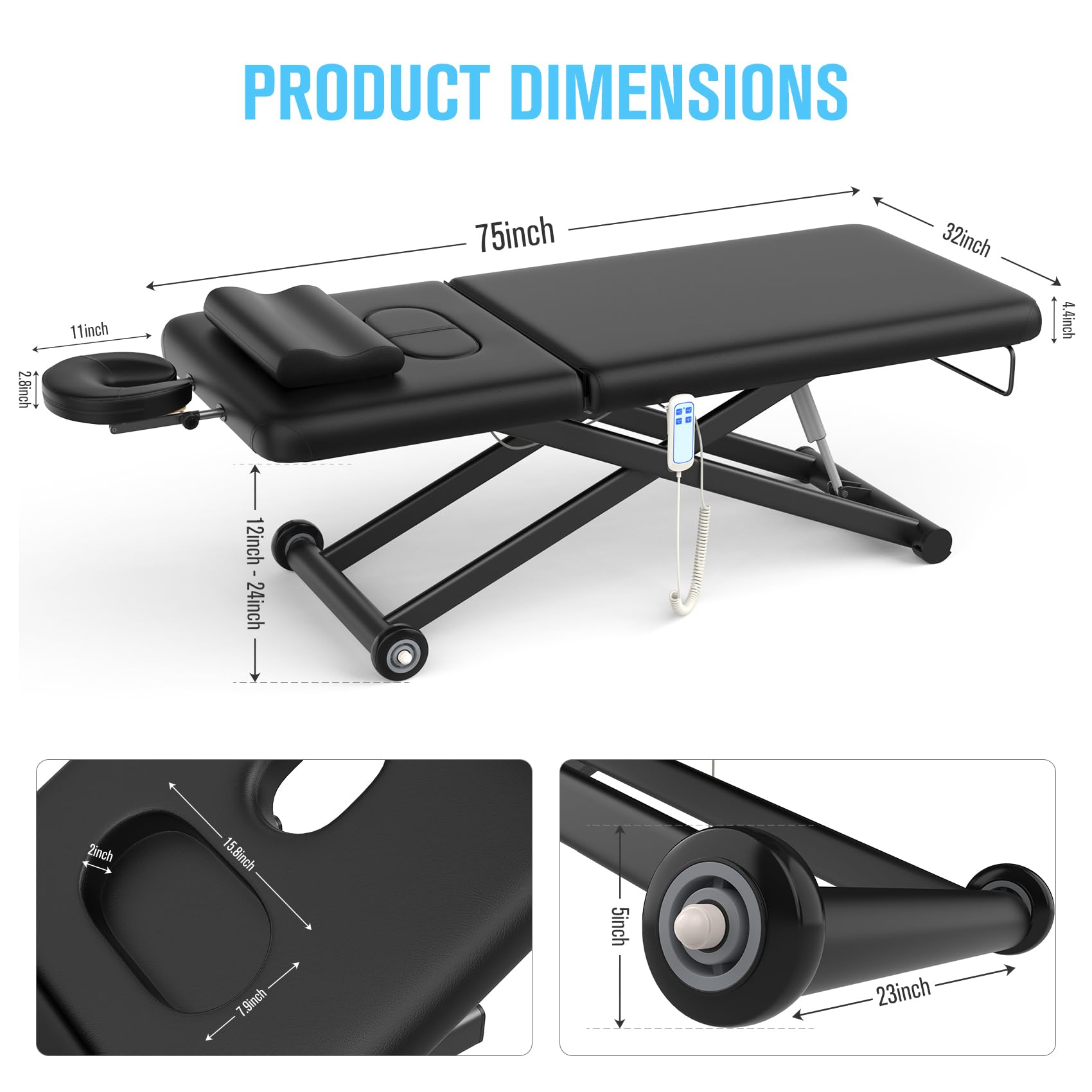 Electric Massage Bed with Adjustable Height and Backrest, Electric Massage Table for Treatment, Physical Therapy and Spa Facial Bed, 2 Motor, Hydraulic Equipment, Remote Control, 32 W x 75 L, Black