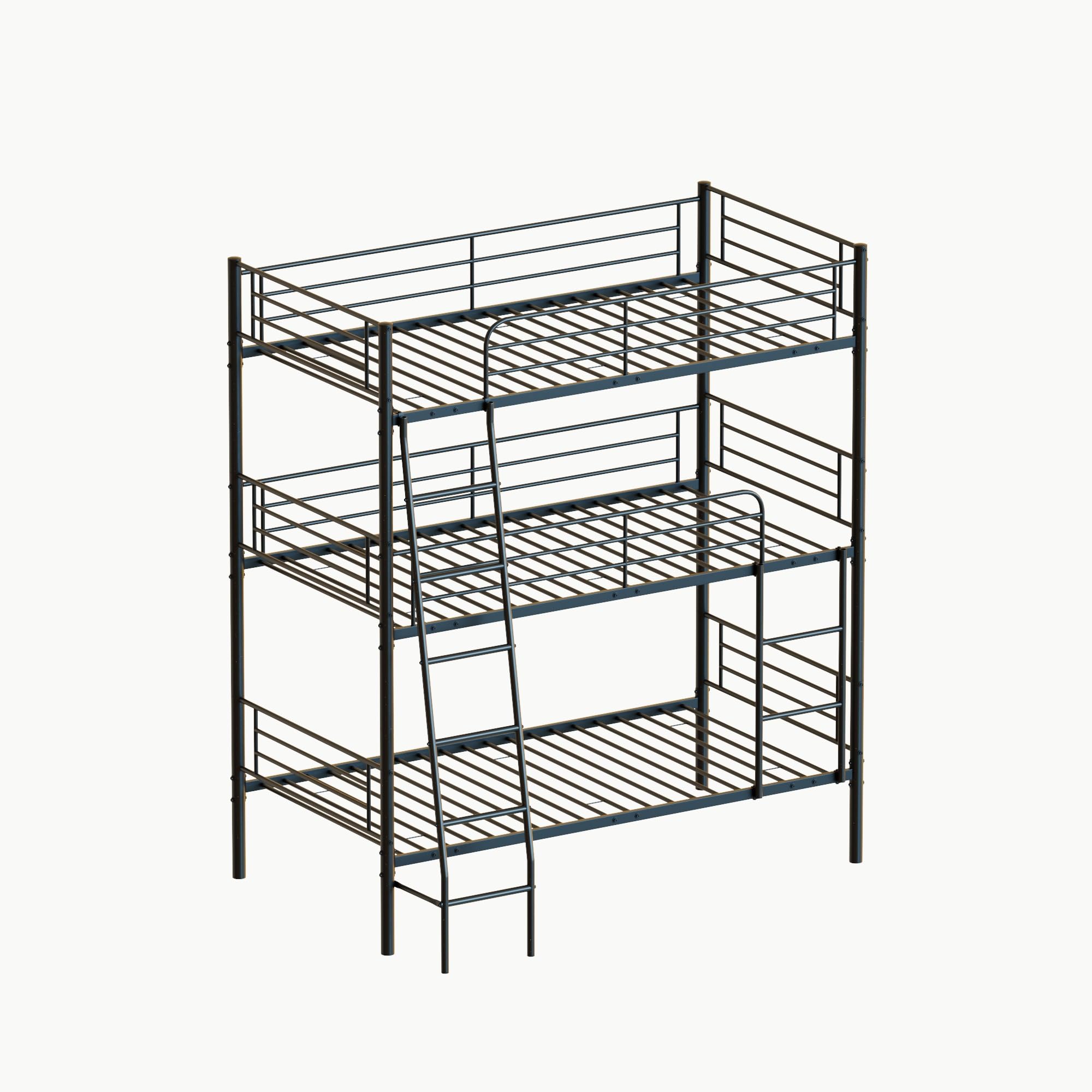 KEIKI Triple Bunk Bed Twin Size,Convertible Metal 3 Tier Bunkbeds with Built-in Ladder,Safety Guardrails,Detachable to 3 Single Beds,for Teens,Adults Bedroom,Dorm,Guest Room,No Box Spring Needed,Black