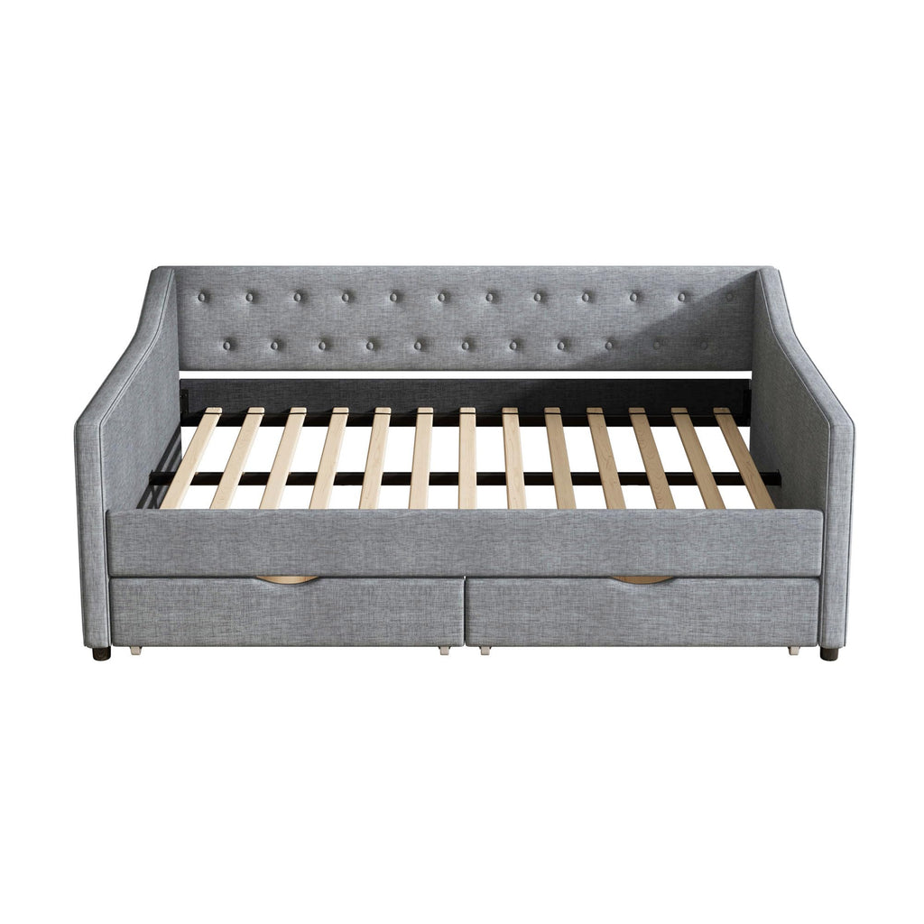 Ball & Cast Full Daybed W/ 2 Storage Drawers,Upholstered Day Bed W/Waved Shape Arms & Button Back,Sofa Bed for Bedroom,Guest Room,Living Room,No Box Spring Needed,Light Grey