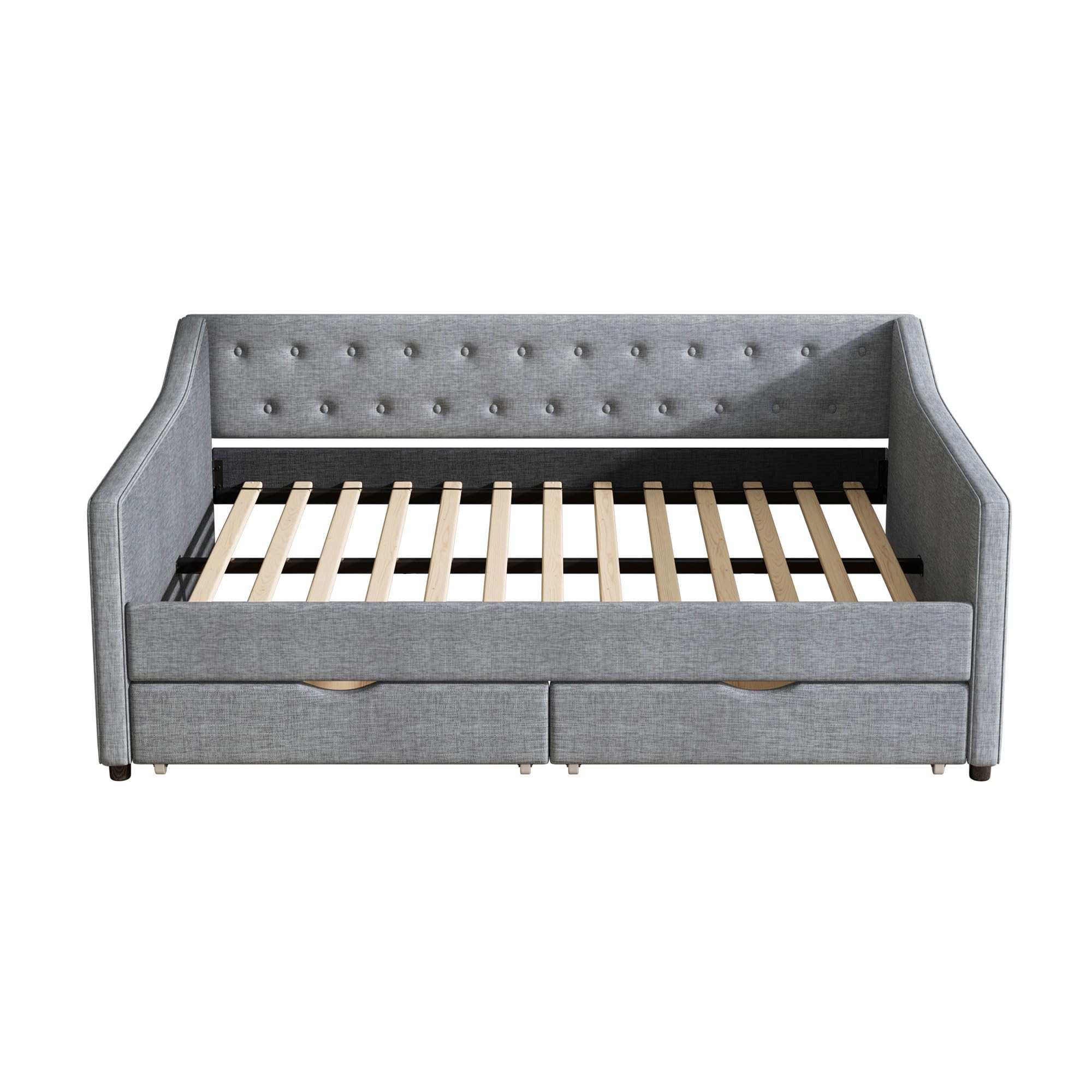 Ball & Cast Full Daybed W/ 2 Storage Drawers,Upholstered Day Bed W/Waved Shape Arms & Button Back,Sofa Bed for Bedroom,Guest Room,Living Room,No Box Spring Needed,Light Grey
