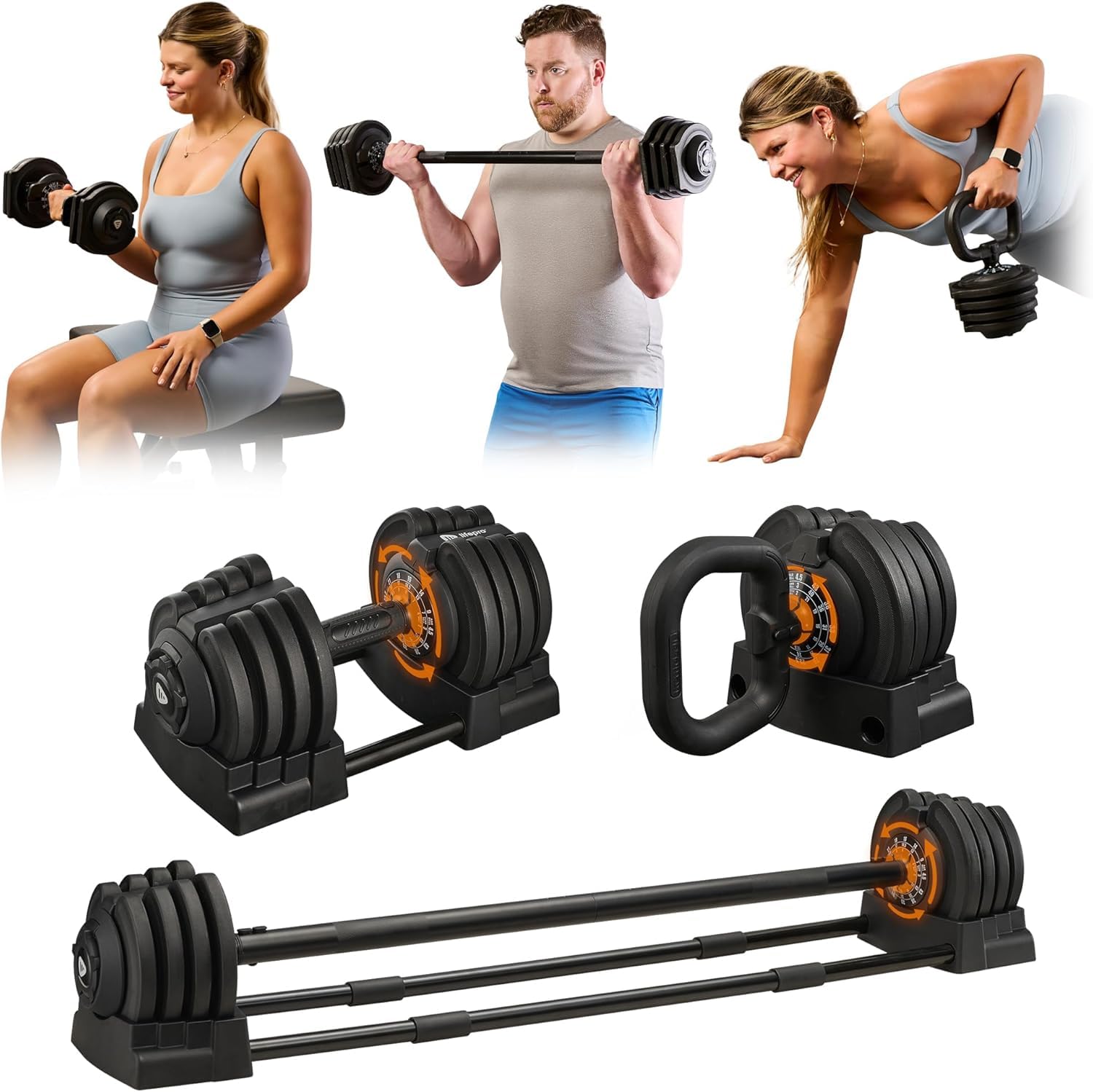LifePro Adjustable Dumbbell Set, 3-in-1 Triform Barbell Kettlebell Weight Set — 2 to 43 lbs Turn-Dial Quick Adjust Weights for Home Gym, Compact Hand Weights for Women and Men