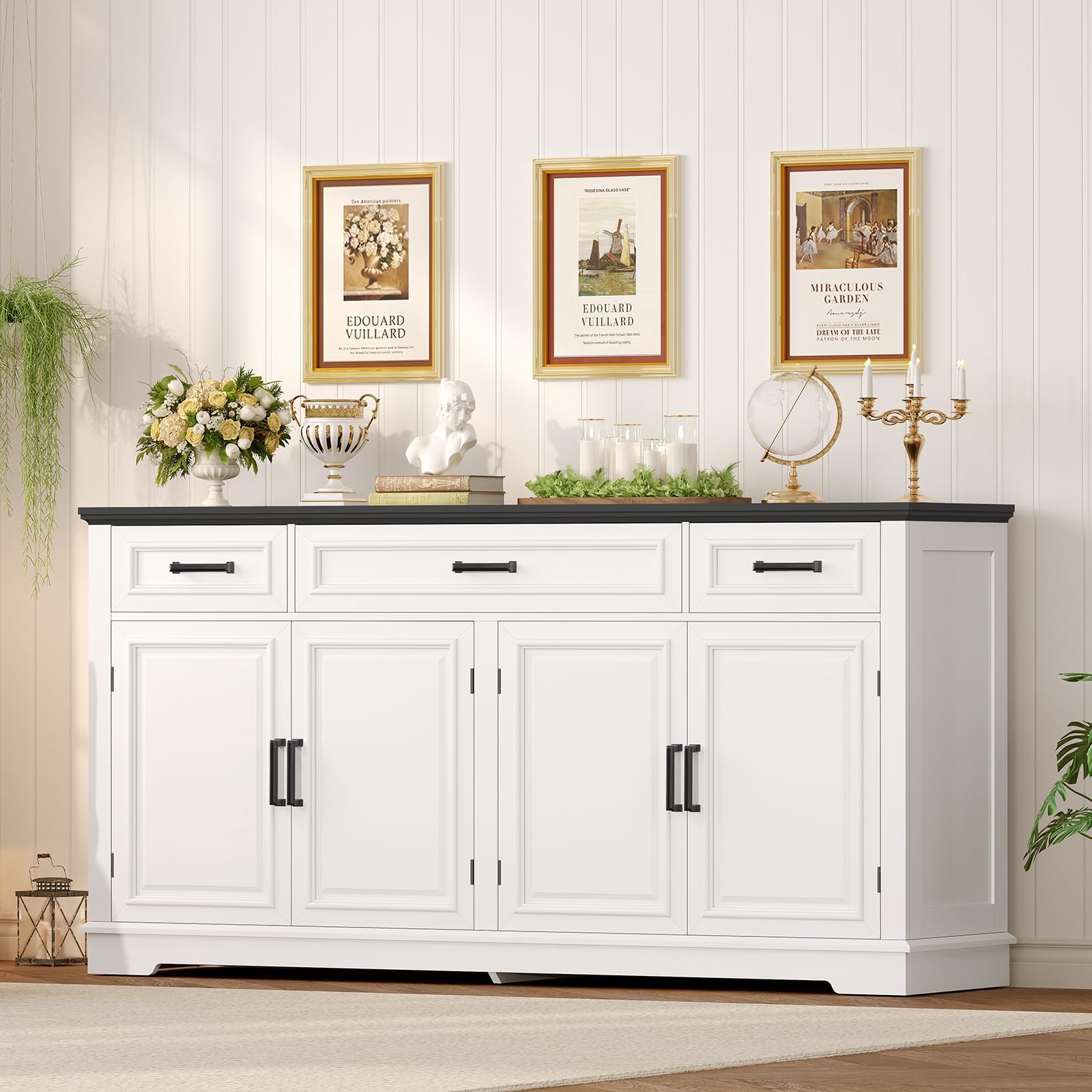 usikey 59” Large Buffet Cabinet with 4 Doors and 3 Drawers, Buffet Sideboard Cabinet with Storage and 2 Adjustable Shelves, Coffee Bar, Wine Bar for Living Room, White