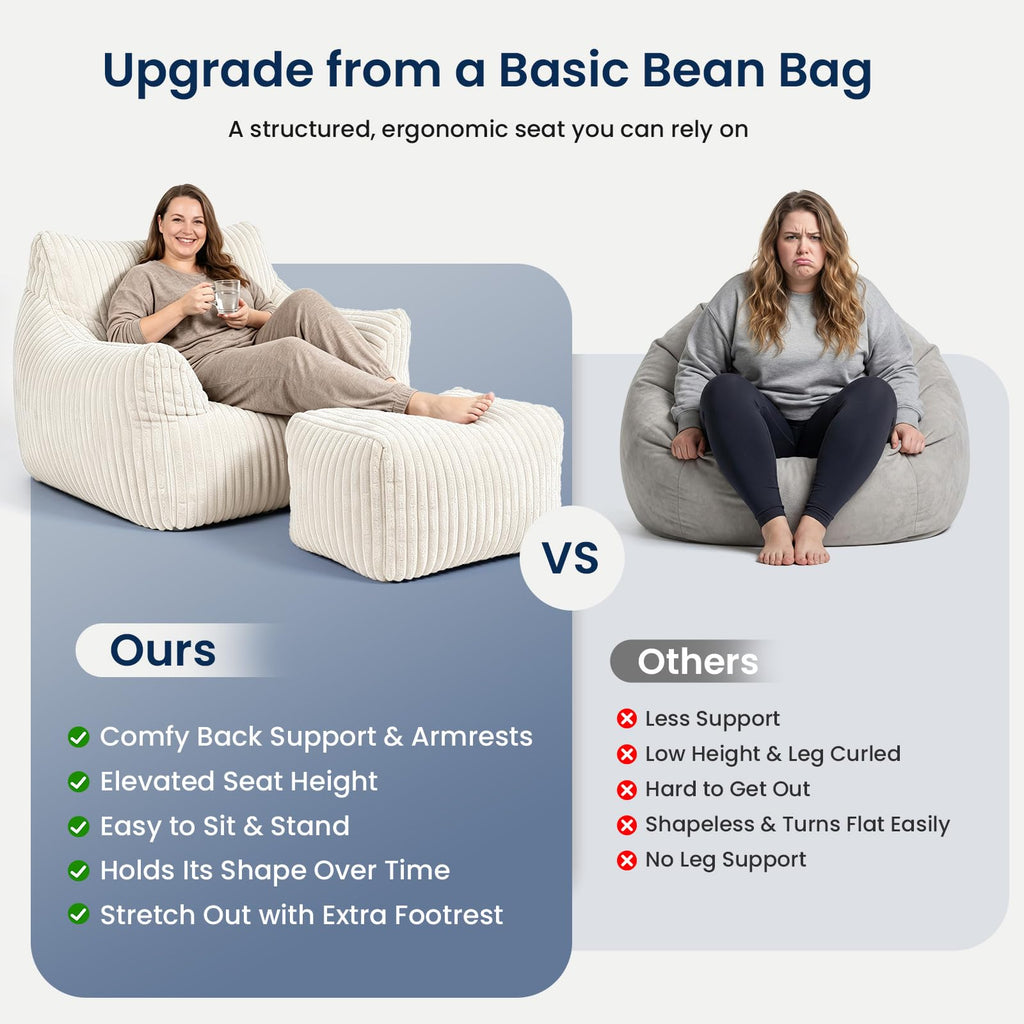 Giant Bean Bag Chair with Footstool for Adults, Fluffy Boneless Lounge Sofa Chair, Superior Large Reading Floor Sofa Bed, Oversized Accent Comfy Couch for Living Room, Bedroom (Beige, with Ottoman)