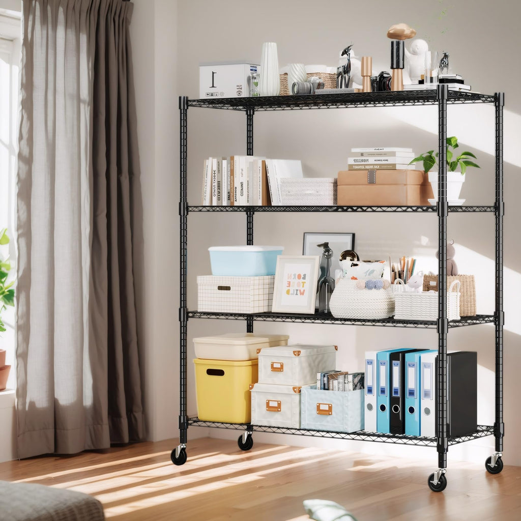 Himimi Storage Shelves 60" W Wire Shelving with Wheels 2600LBS Heavy Duty Metal Shelves for Storage, 4-Tier Adjustable Wire Rack Shelving Garage Shelving Kitchen Storage Shelves 24" Dx60 Wx72H, Black
