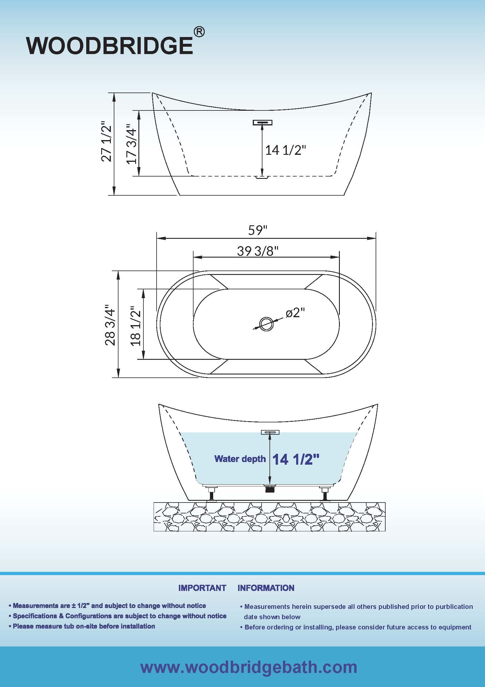 WOODBRIDGE 59" Acrylic Freestanding Bathtub Contemporary Soaking White Tub with Brushed Gold Overflow and Drain,BTA1516 BG