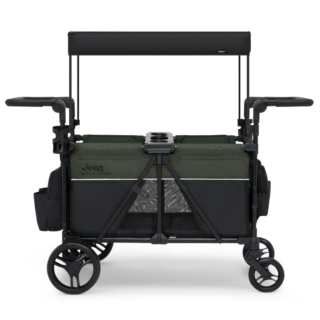 Jeep Aries Stroller Wagon by Delta Children Premium Wagon for 2 Kids with Convertible Seats, Adjustable Push/Pull Handles, Removable Canopy & Flat Fold - Greenguard Gold Certified, Black/Green
