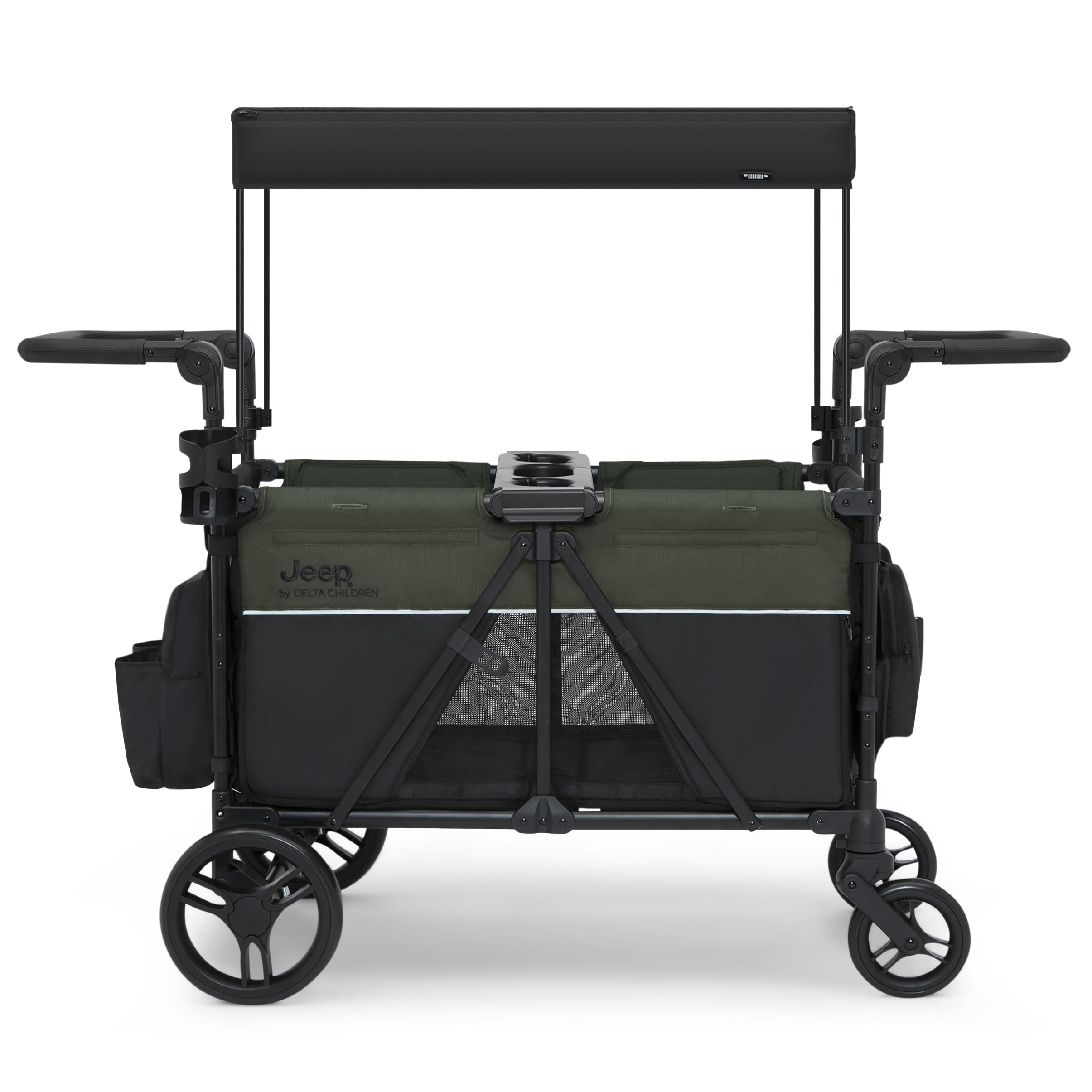 Jeep Aries Stroller Wagon by Delta Children Premium Wagon for 2 Kids with Convertible Seats, Adjustable Push/Pull Handles, Removable Canopy & Flat Fold - Greenguard Gold Certified, Black/Green