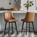 24" Counter Height Bar Stools Set of 2, Swivel Bar Stools with Backs, Faux Leather Upholstered Counter Barstools with Solid Wood Legs for Kitchen Island,Brown