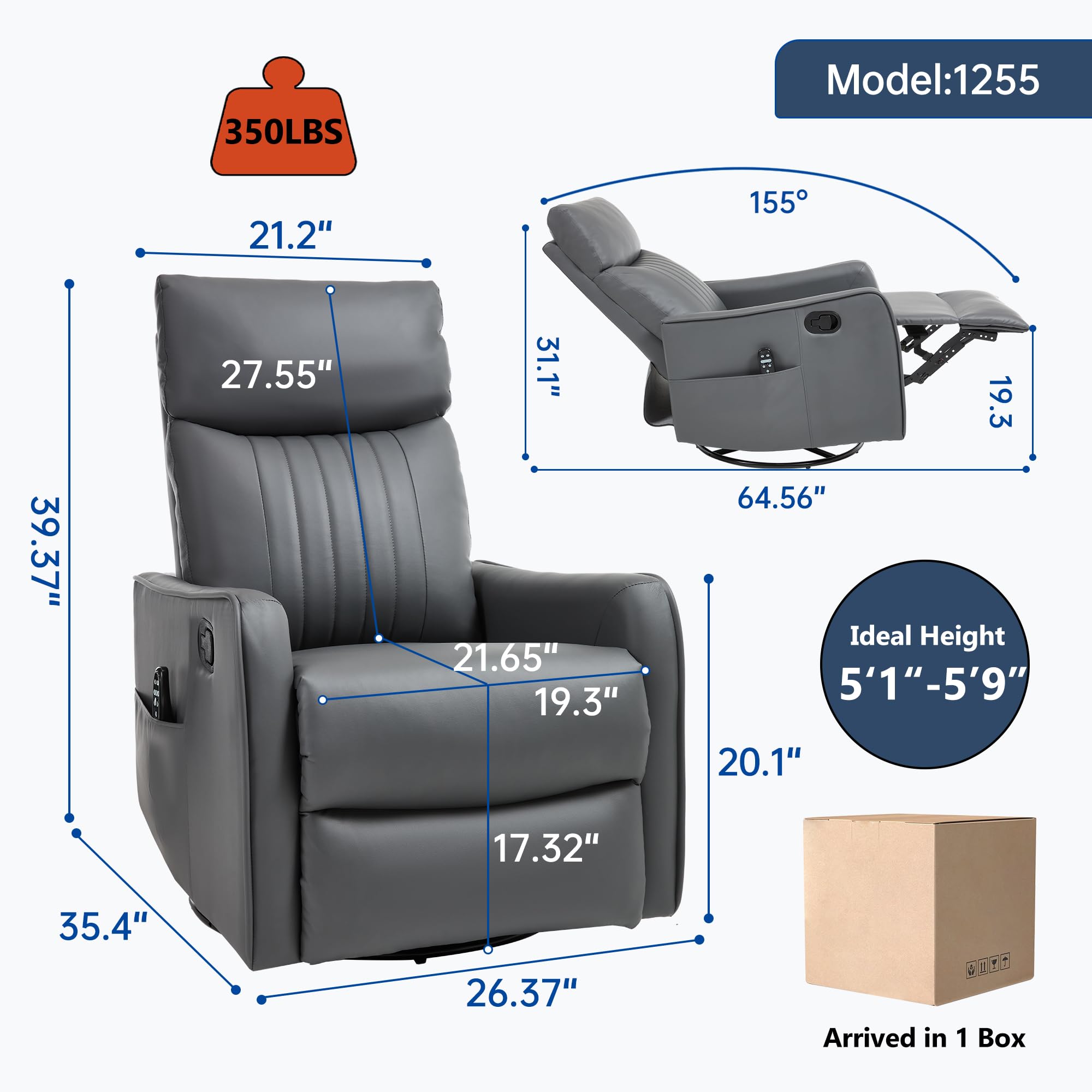 KEIKI 4-in-1 Manual Swivel Rocker Recliner Chair for Living Room, Faux Leather Nursery Glider Rocking Chairs with Back Massager & Heat, Built for RV Travel Living and Mobile Home, Grey