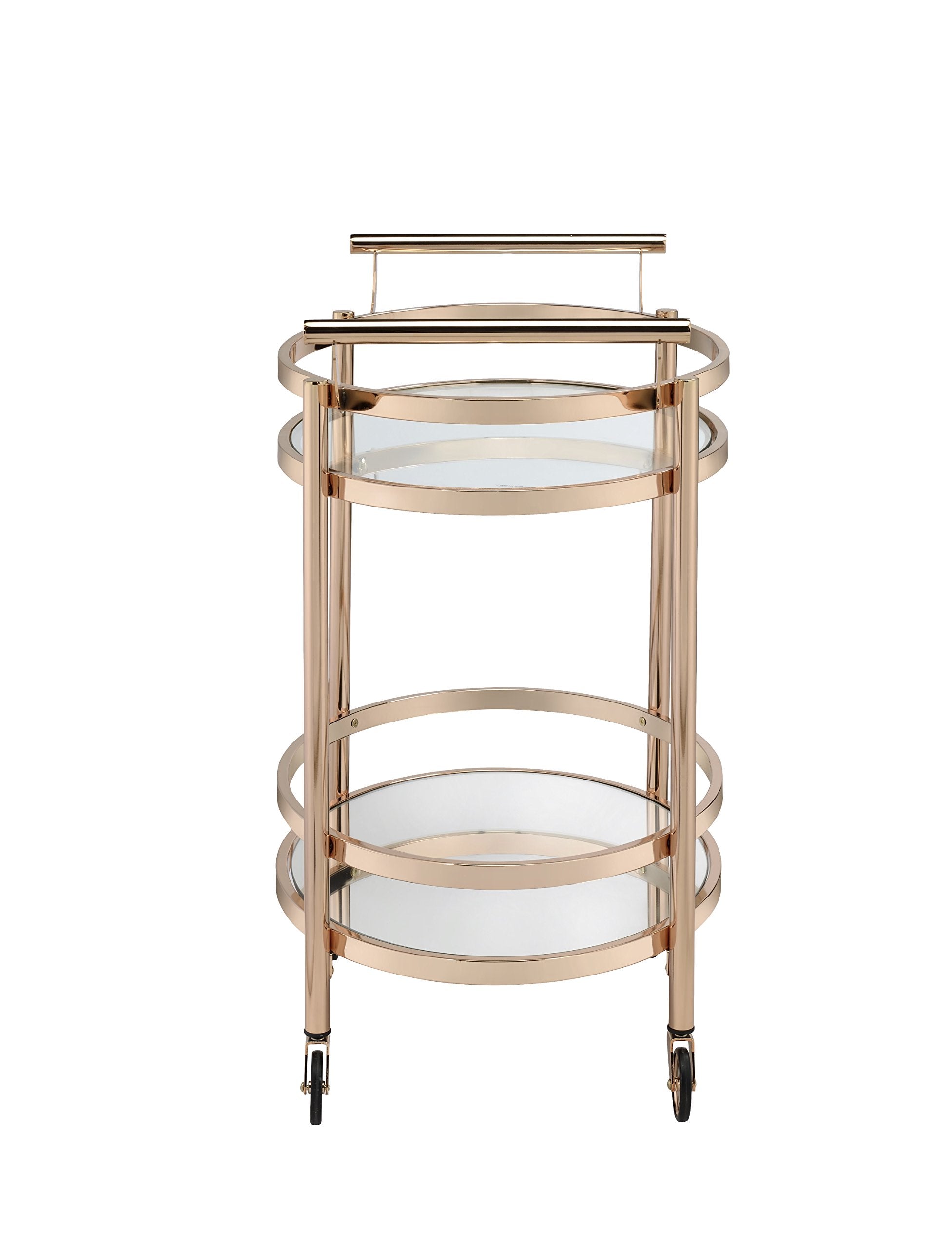 CNPOP Modern Clear Glass & Rose Gold Bar Cart with Wheels, Oval Serving Cart with 2-Tier Shelves & Metal Frame, Mirrored Bottom Shelf, Rolling Drink Cart for Kitchen, Dining Room & Living Room