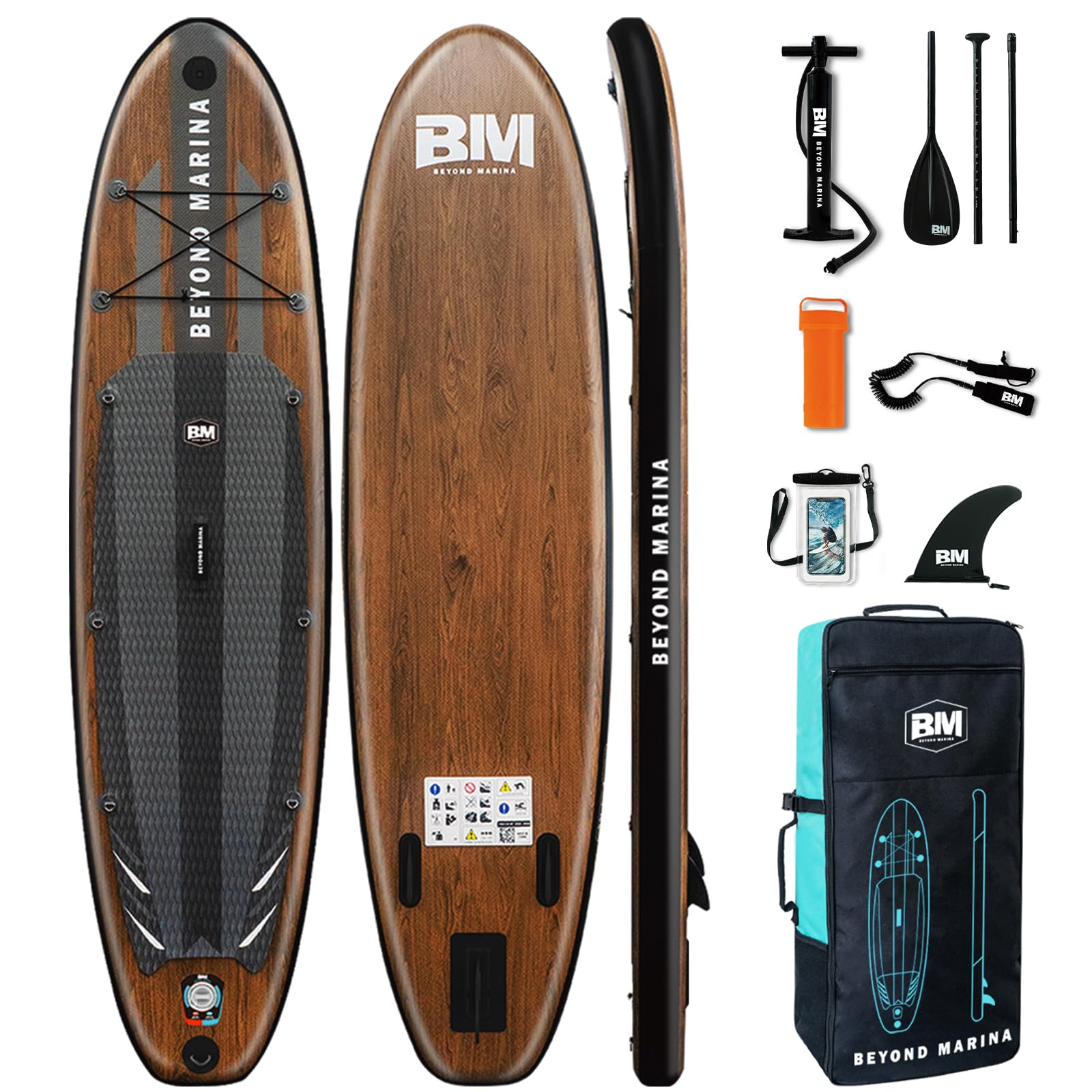 BM Paddle Board Inflatable Stand Up Paddle Board, SUP Paddleboard for Adult, Premium Accessories | Non-Slip EVA Deck & Foam Handles, Camera Mount, Double Action Pump, 85L Travel Backpack, Teak