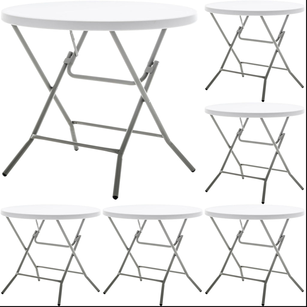 BTEXPERT Set of 5, White 2.63 Foot Round Plastic Folding 30" Height Commercial Portable for Banquet Card Plastic Coffee Dining Wedding Party Event Home Kitchen Indoor Outdoor Thick Top Metal Frame