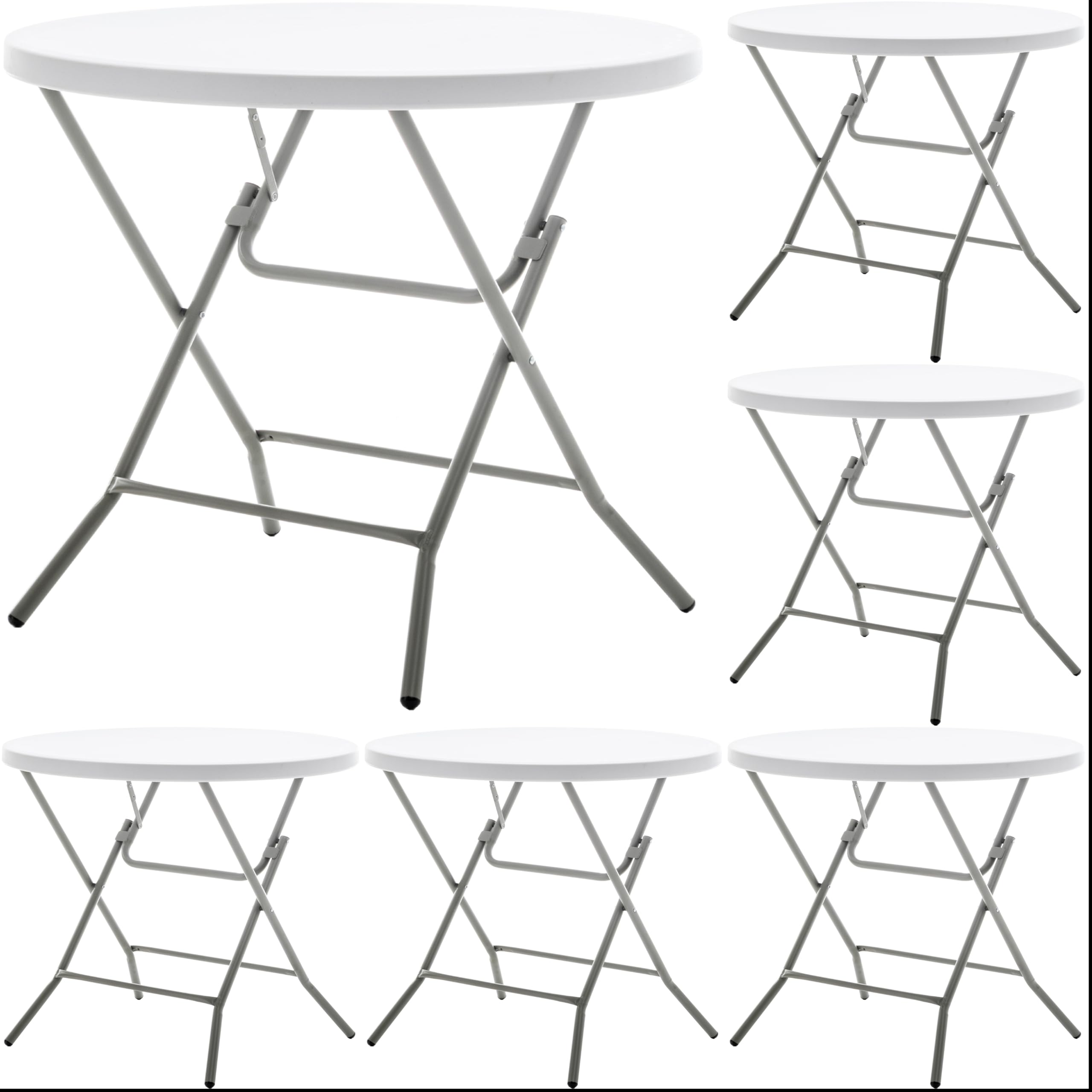 BTEXPERT Set of 5, White 2.63 Foot Round Plastic Folding 30" Height Commercial Portable for Banquet Card Plastic Coffee Dining Wedding Party Event Home Kitchen Indoor Outdoor Thick Top Metal Frame
