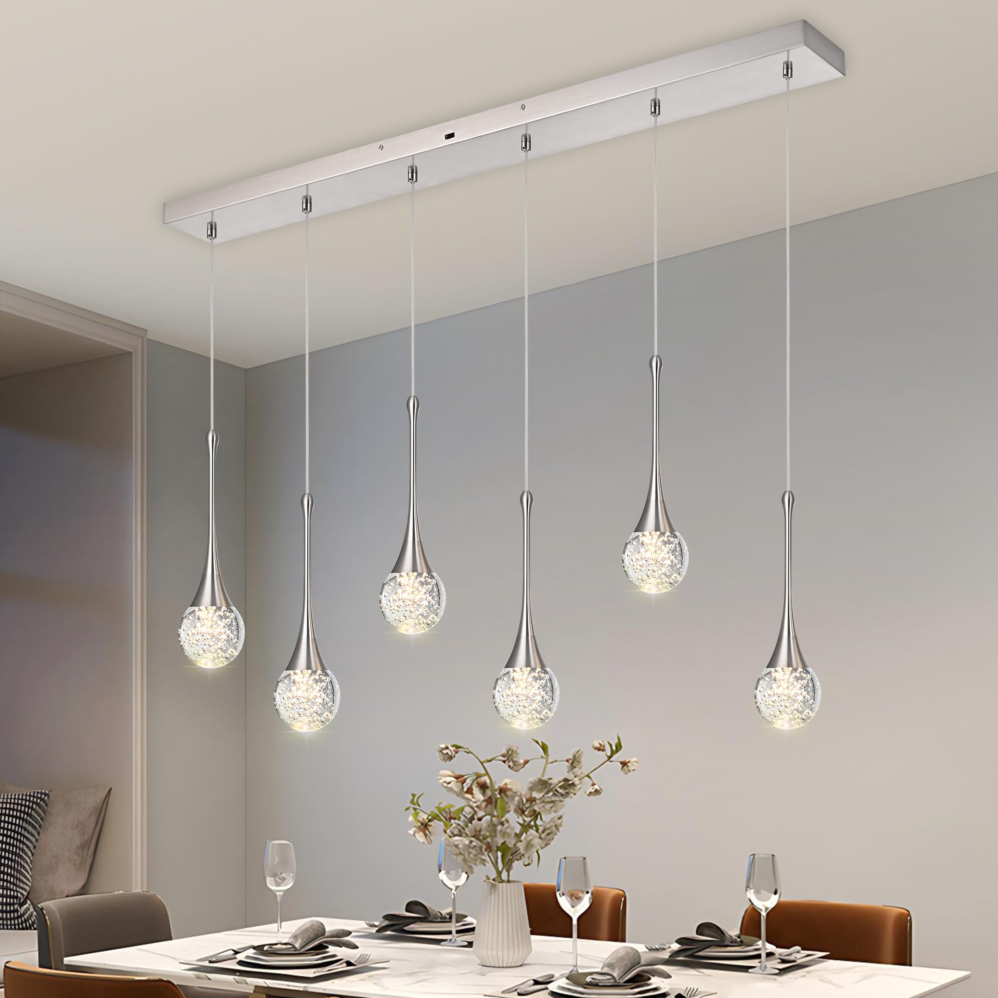VINLUZ 6-Light Rectangle Brushed Nickel Crystal Chandelier, Dimmable LED Bubble Raindrop Modern Pendant Lighting Fixture, Luxury Elegant Adjustable Spiral Ceiling Light for Entryway Living Room Island
