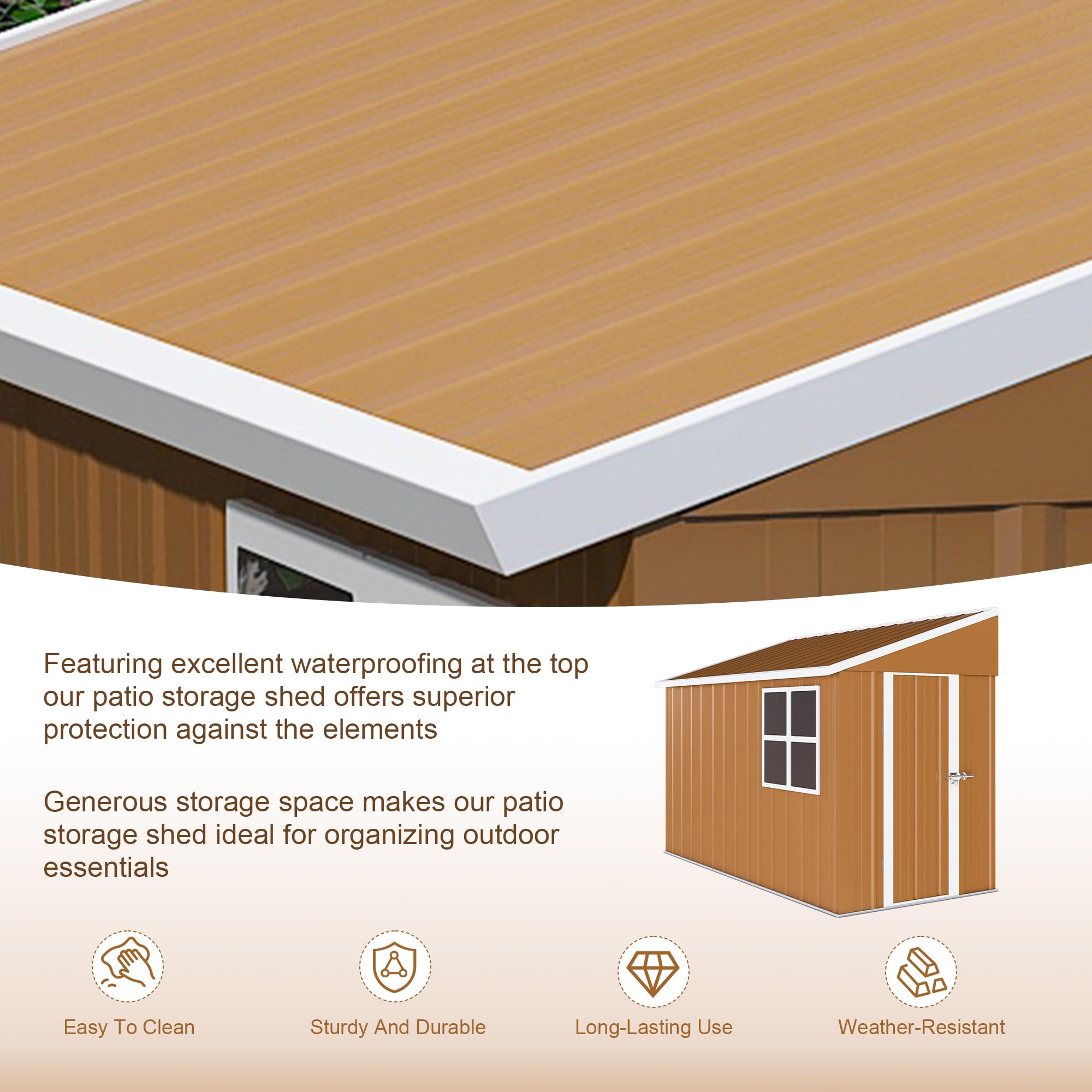 GDFStudio 8x4 FT Heavy-Duty Metal Storage Shed with Hinged Door, Windows & Ventilation, Weatherproof Galvanized Steel Outdoor Garden Shed for Backyard Lawn Patio Tool Storage, Brown, Without Floor